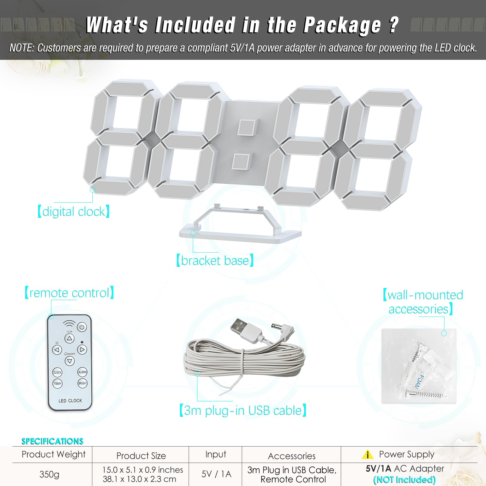 KOSUMOSU KOSUMOSU 15 Inch 3D LED Digital Wall Clock Modern Aesthetic Remote Control Large Clock for Bedroom and Living Room Decor - View 3 of 6