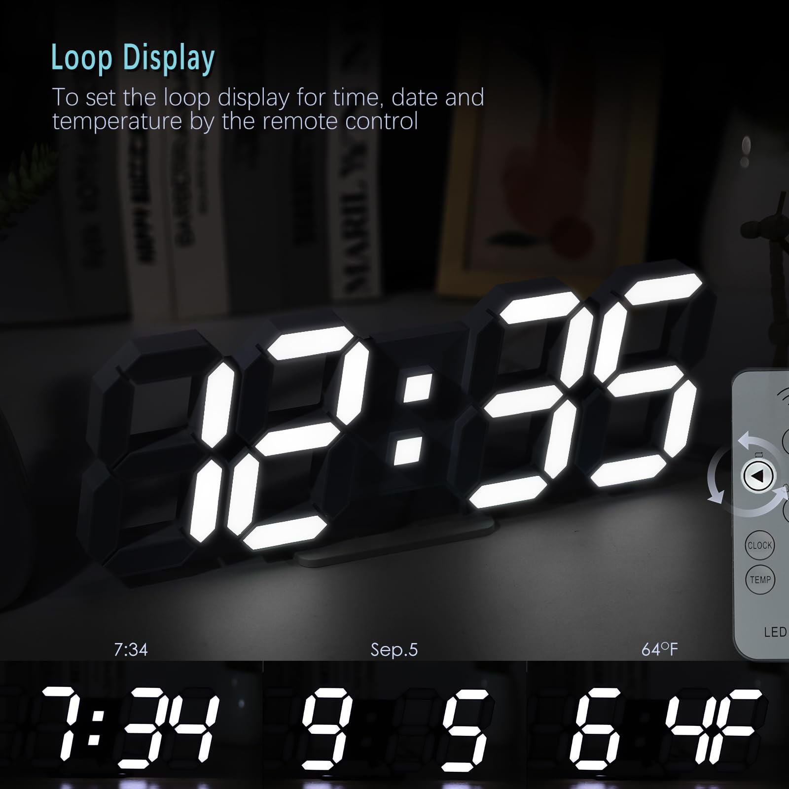 KOSUMOSU KOSUMOSU 15 Inch 3D LED Digital Wall Clock Modern Aesthetic Remote Control Large Clock for Bedroom and Living Room Decor - View 6 of 6