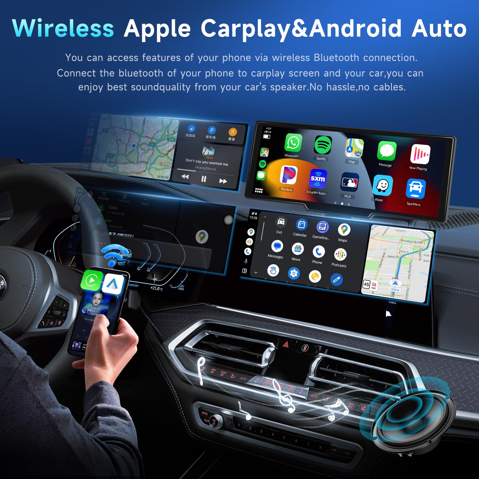 podofo Podofo 10.26 Inch Touchscreen Wireless Carplay Portable Car Stereo with Android Auto Bluetooth Navigation and Voice Control - View 2 of 7