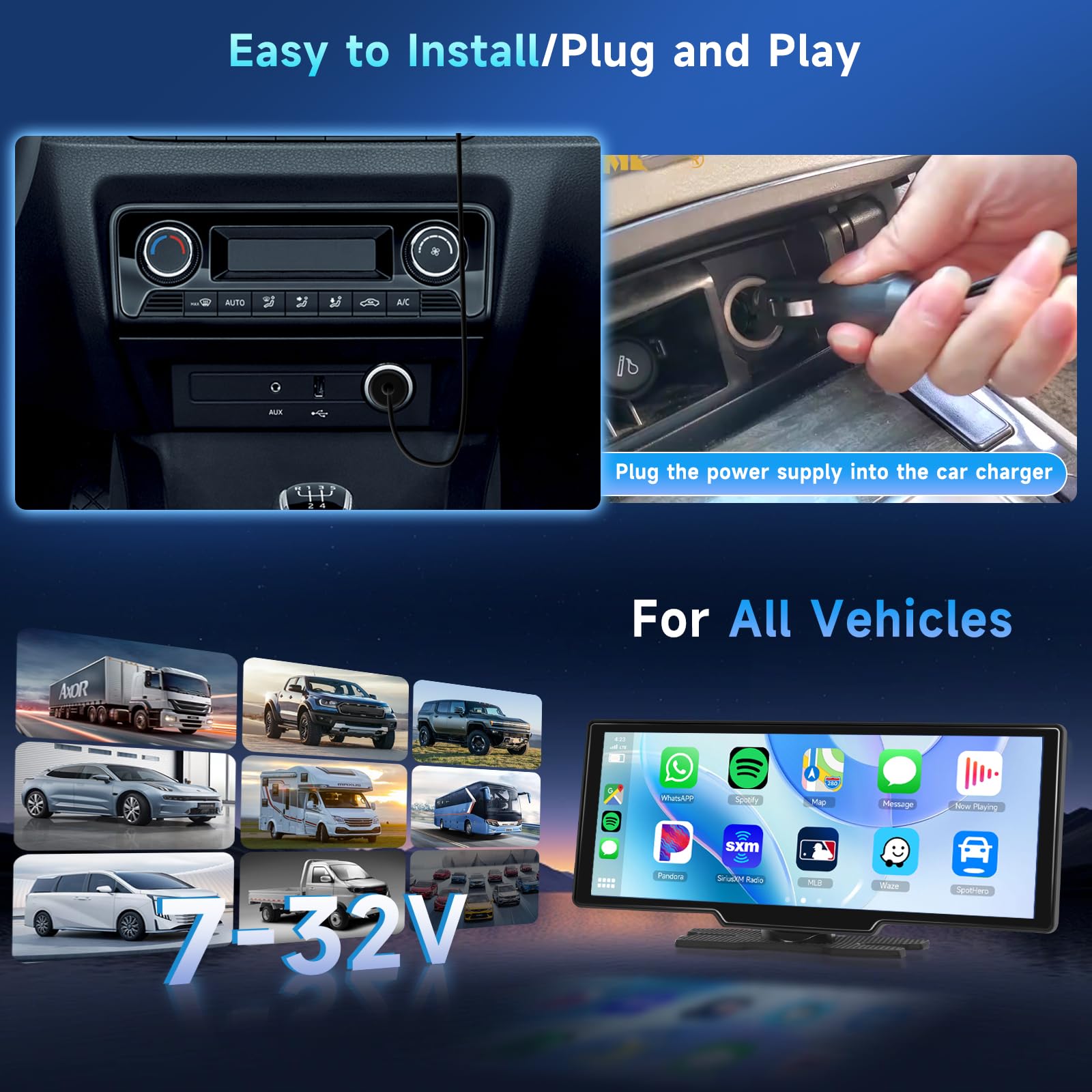 podofo Podofo 10.26 Inch Touchscreen Wireless Carplay Portable Car Stereo with Android Auto Bluetooth Navigation and Voice Control - View 6 of 7