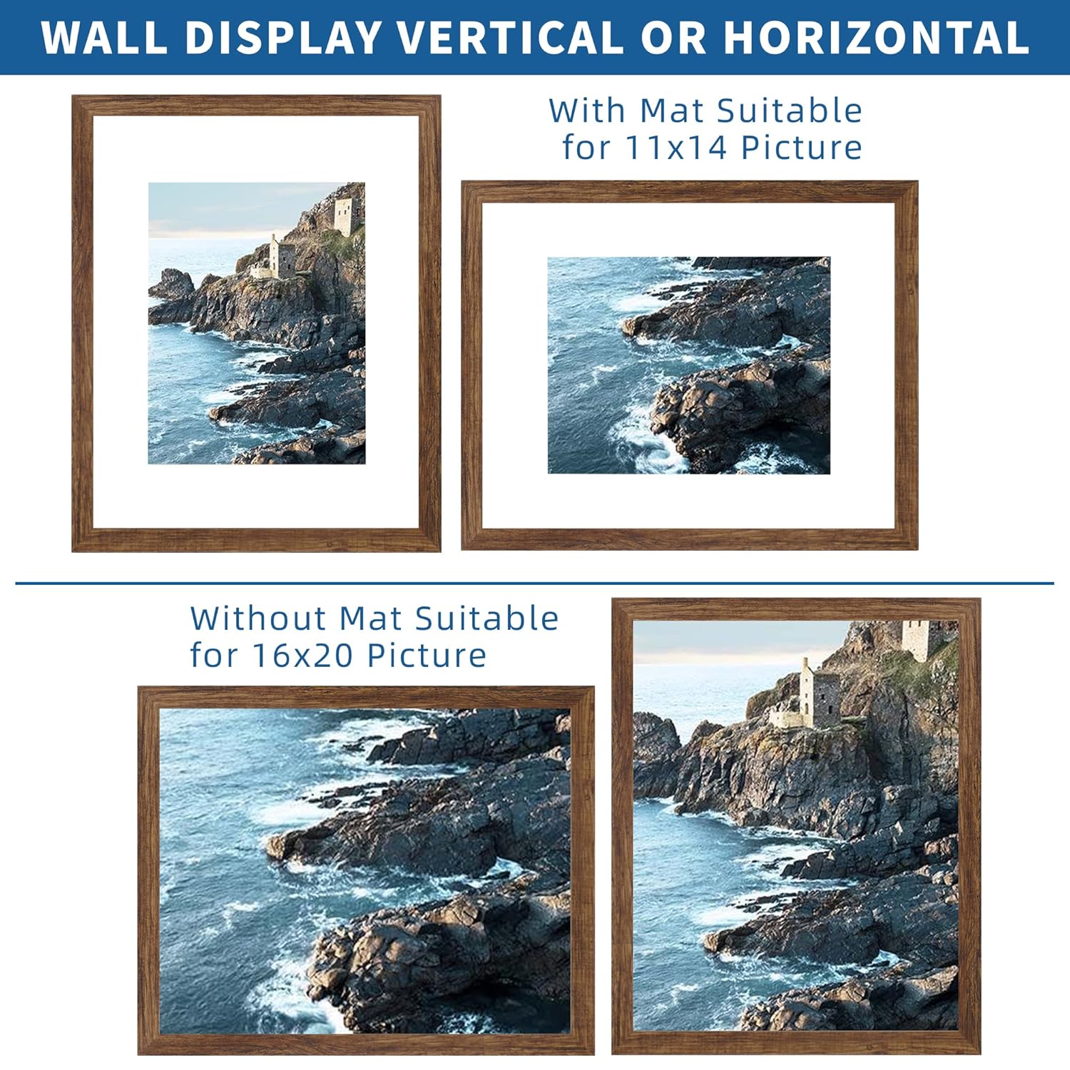 Hongkee Hongkee 16x20 Frames Set of 2 Rustic Brown Wood Style for 16x20 or 11x14 Pictures Wall Mounting Horizontal Vertical Display - View 2 of 9