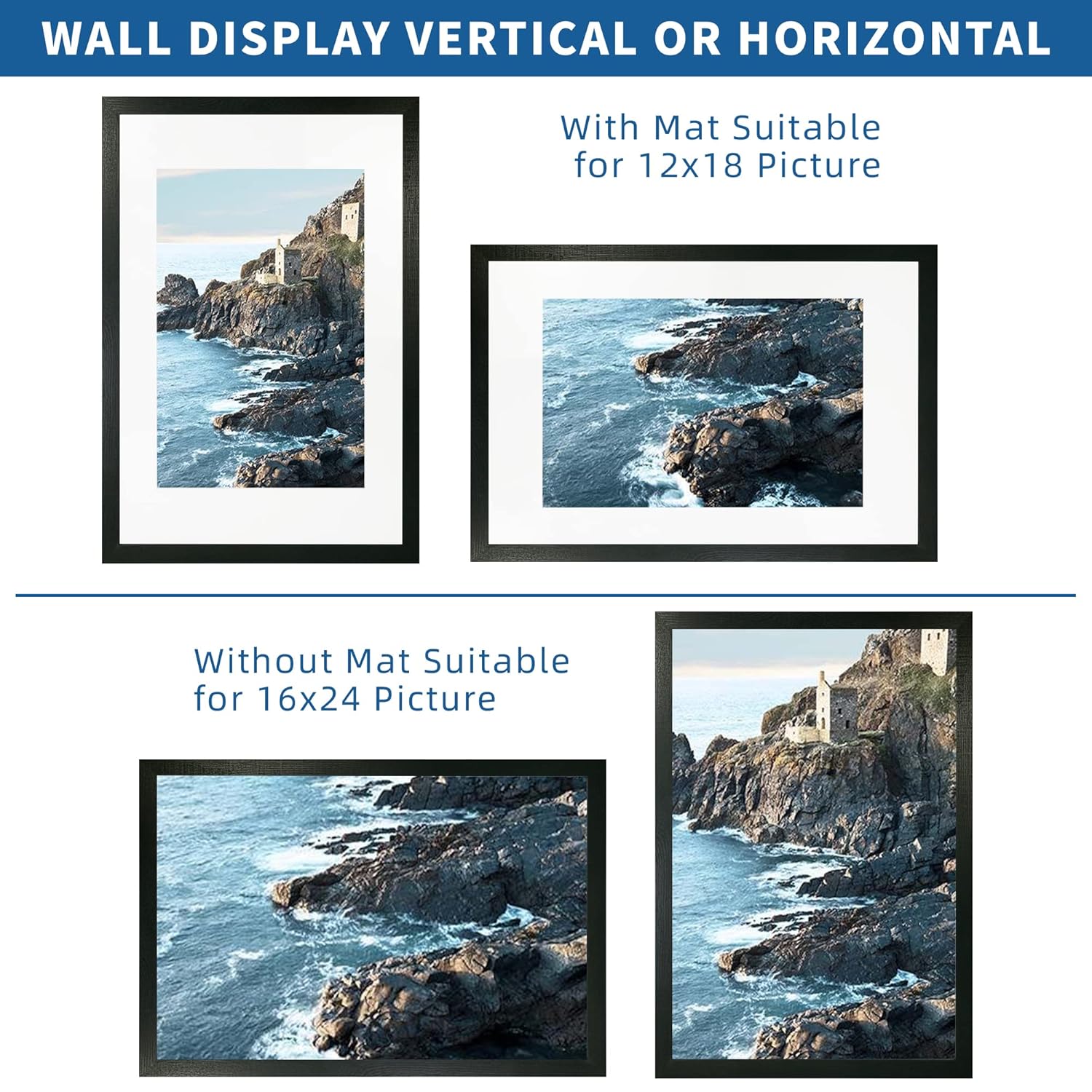 Hongkee Hongkee 16x24 Frame Set of 2 Rustic Black Wood Style for 16x24 or 12x18 Pictures Wall Mounting Horizontal Vertical Display - View 2 of 9