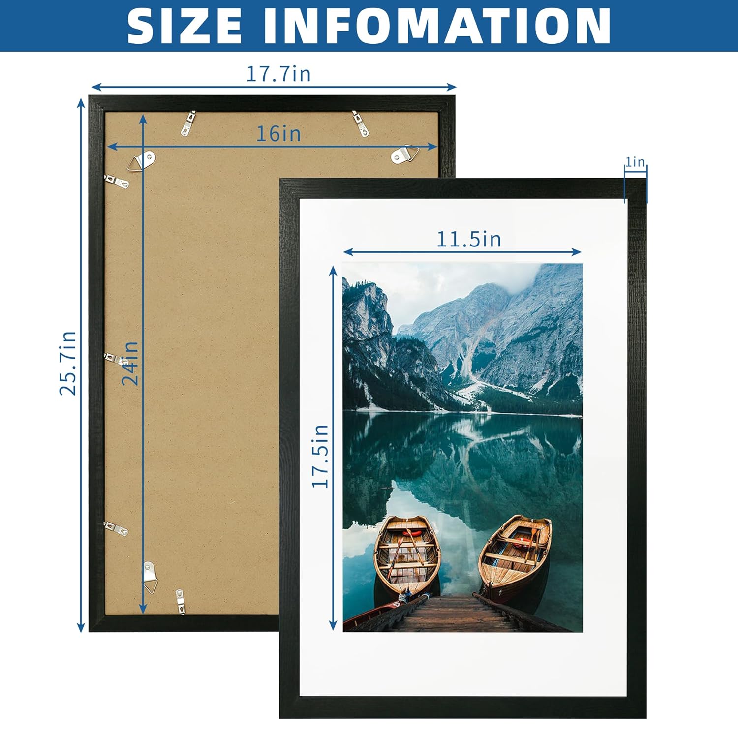 Hongkee Hongkee 16x24 Frame Set of 2 Rustic Black Wood Style for 16x24 or 12x18 Pictures Wall Mounting Horizontal Vertical Display - View 3 of 9