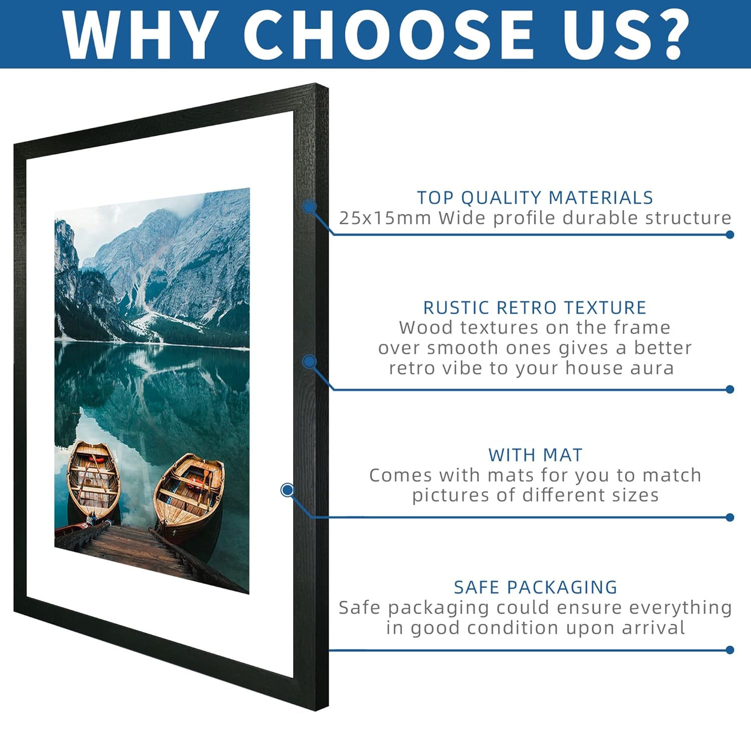Hongkee Hongkee 16x24 Frame Set of 2 Rustic Black Wood Style for 16x24 or 12x18 Pictures Wall Mounting Horizontal Vertical Display - View 5 of 9