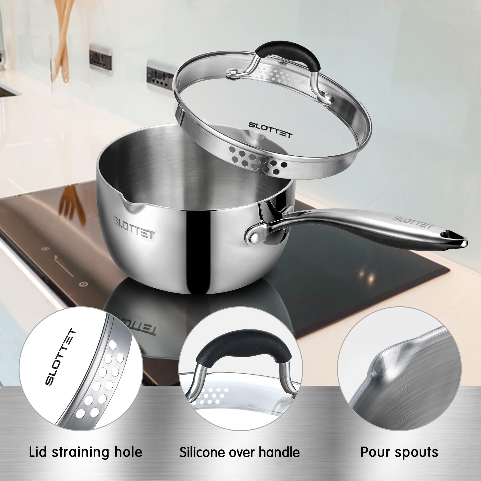 SLOTTET SLOTTET Tri-Ply Whole-Clad Stainless Steel 2.5 Qt Saucepan with Steamer and Pour Spout for Versatile Cooking - View 5 of 7