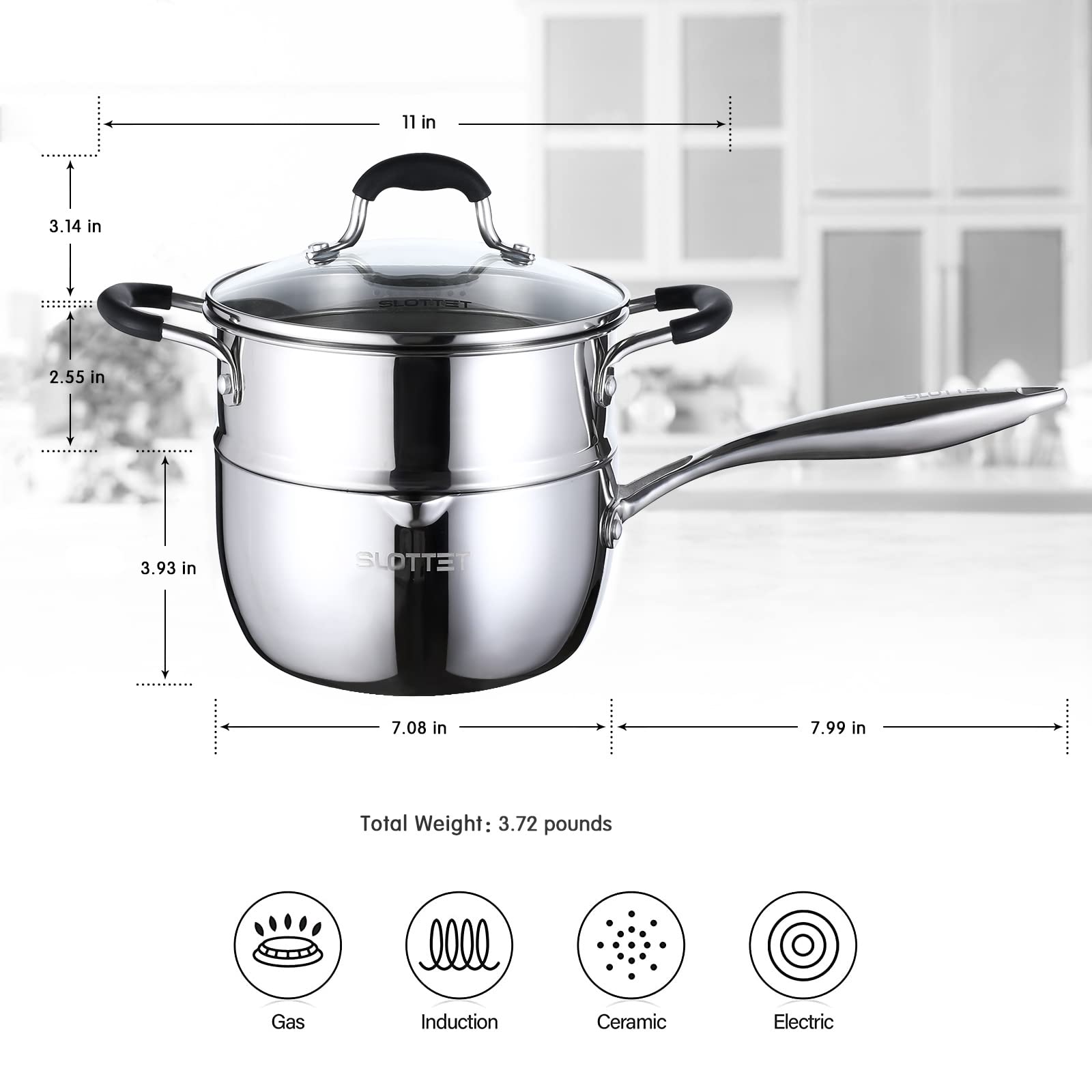 SLOTTET SLOTTET Tri-Ply Whole-Clad Stainless Steel 2.5 Qt Saucepan with Steamer and Pour Spout for Versatile Cooking - View 6 of 7