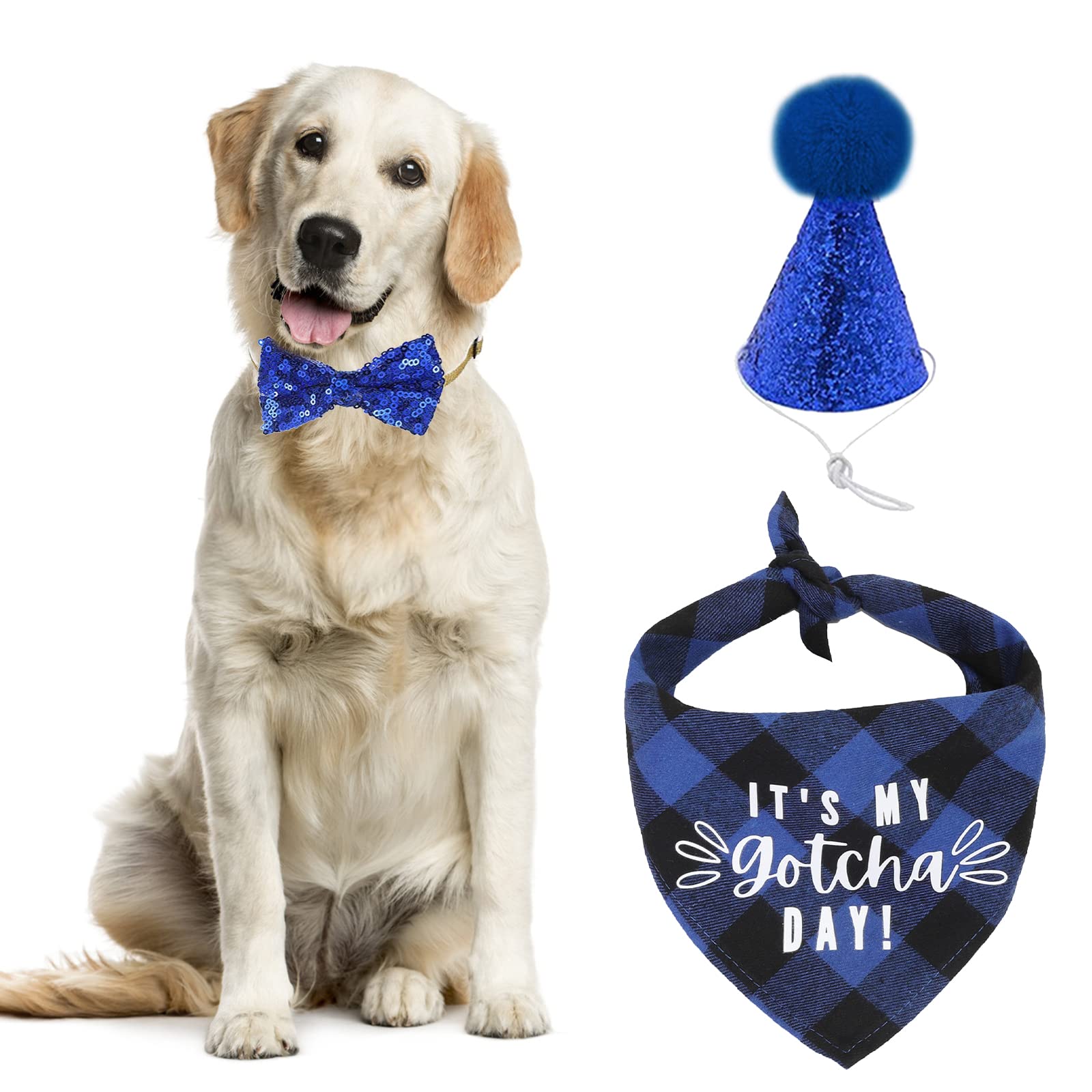 URROMA URROMA 3 PCS Birthday Dog Bandana Hat Bow Tie Set for Pet Celebration Blue Party Decoration Gift
