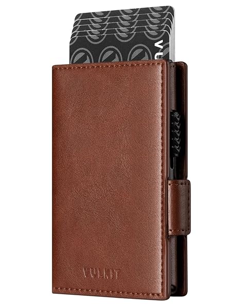 VULKIT VULKIT Slim Leather Card Holder Wallet with Airtag Holder RFID Blocking Magnetic Closure for Credit Cards and Cash Brown