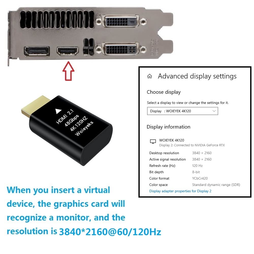 Woieyeks Woieyeks 4K 120Hz HDMI 2.1 Dummy Plug Virtual Display Emulator Headless Ghost Display Adapter for 3840x2160 1440 1080P EDID Monitor Emulator