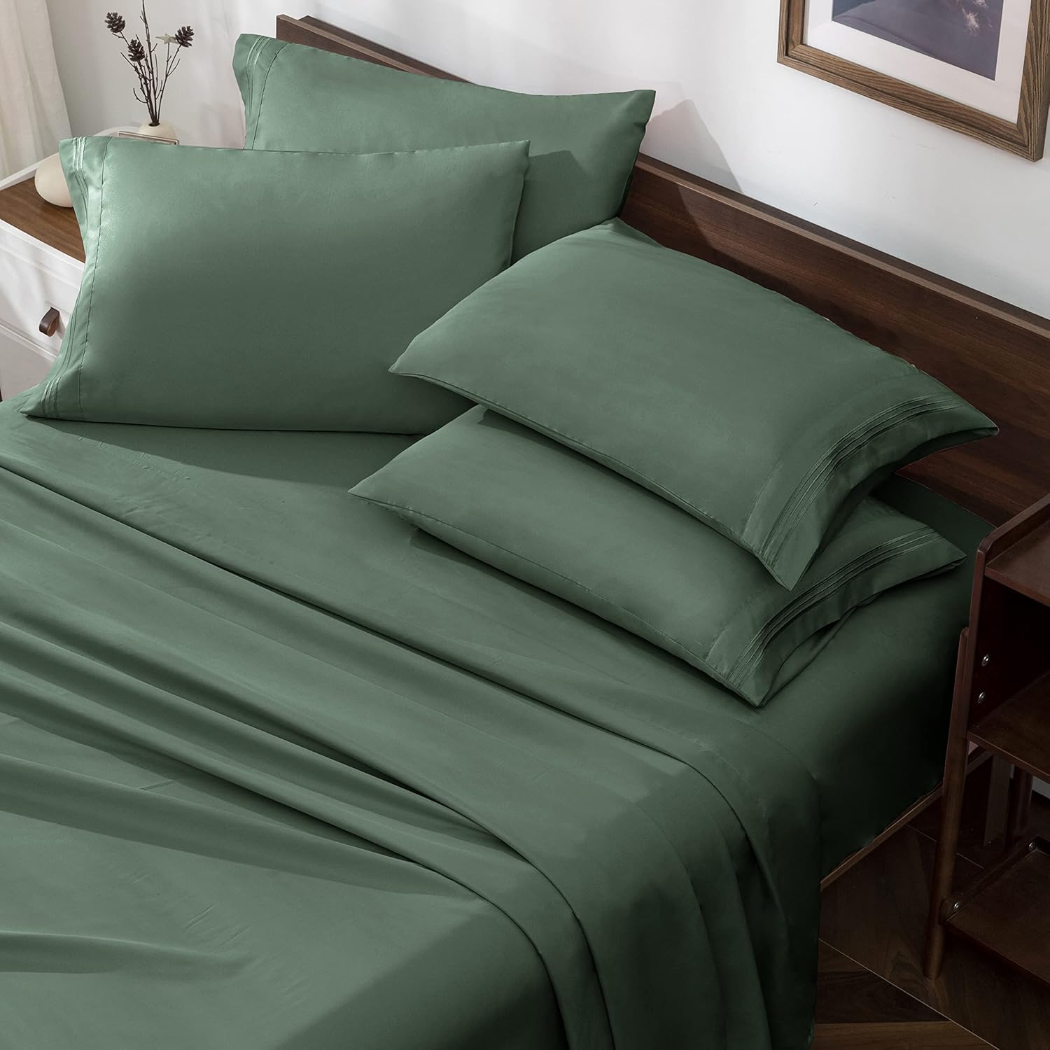 Horbaunal Horbaunal Green King Size Sheet Set 4 Piece Luxury Bedding 1800 Thread Count Soft Microfiber 16 Inch Deep Pocket Wrinkle Resistant - View 9 of 9