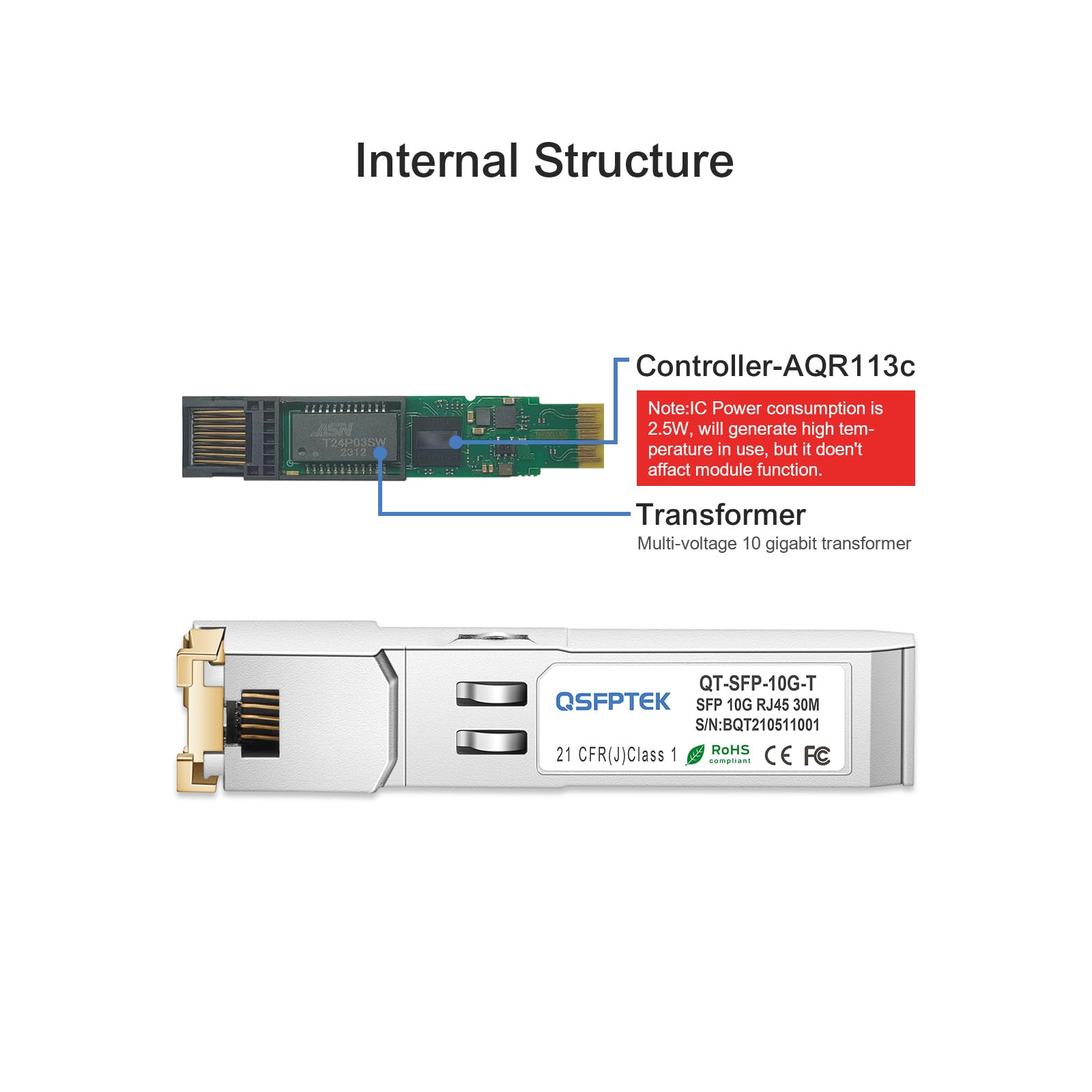 QSFPTEK 10GBASE-T SFP+ to RJ45 Module 10Gb Ethernet Copper RJ45 Compatible with Brocade 10G-SFPP-T Up to 30 Meter Networking Transceiver - View 4 of 7