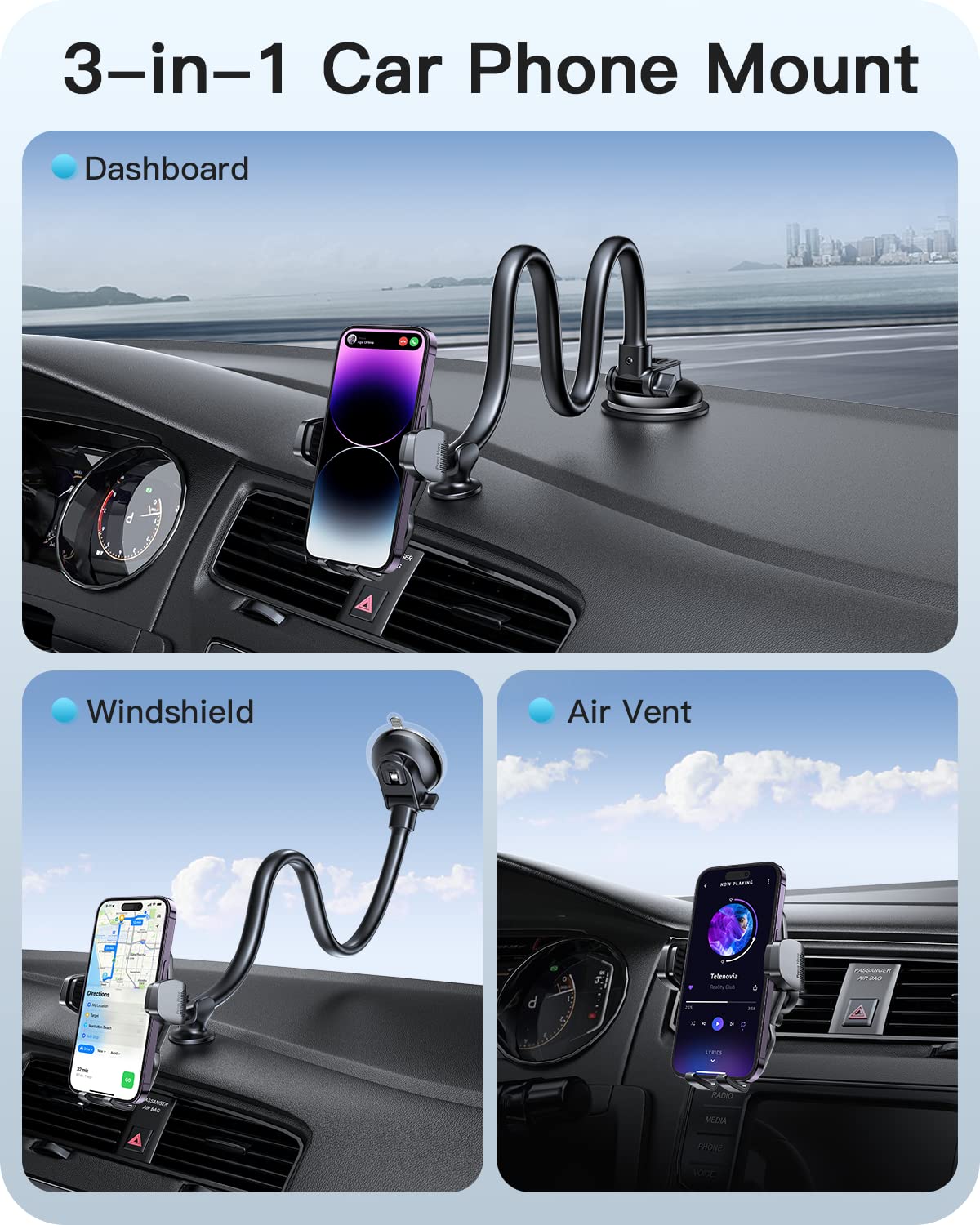 APPS2Car Car Phone Holder Mount Gooseneck Dashboard Windshield Suction Cup Phone Mount Anti-Shake Stabilizer Phone Car Cradle Compatible with All - View 7 of 7