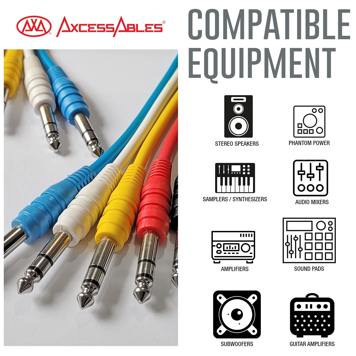 AxcessAbles 10ft 1 4" TRS to 1 4" Balanced Stereo Patch Cables - 6 Pack | 6.35mm TRS Speaker Patch Cords - View 2 of 8