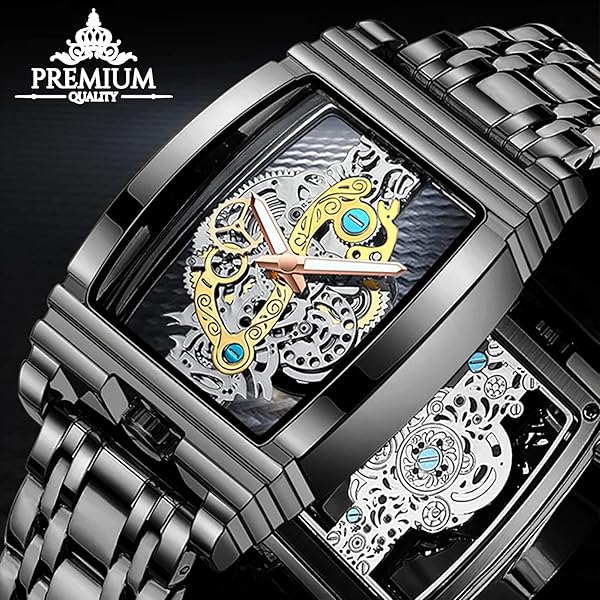 FORSINING FORISNING Men's Luxury Hollow Skeleton Watch - Retro Gear Design, Large Dial, Leather & Stainless Steel Band - View 3 of 8