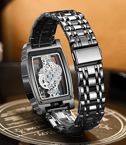 FORSINING FORISNING Men's Luxury Hollow Skeleton Watch - Retro Gear Design, Large Dial, Leather & Stainless Steel Band - View 6 of 8