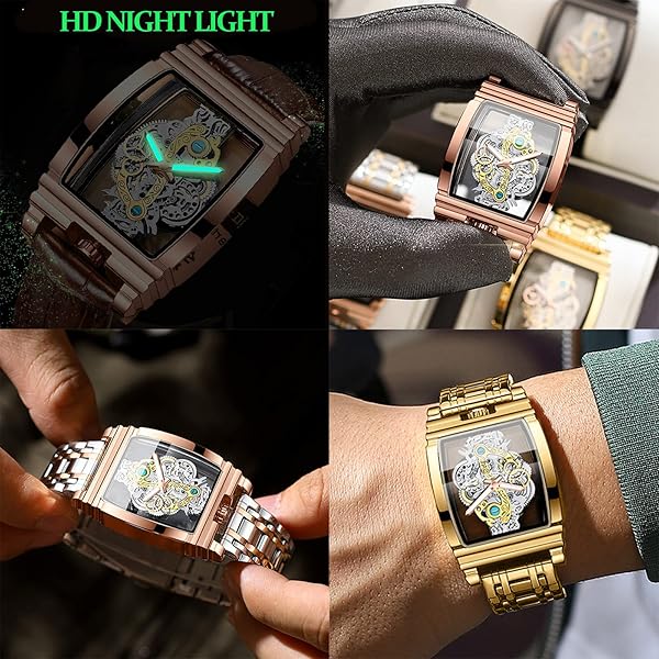 FORSINING FORISNING Men's Luxury Hollow Skeleton Watch - Retro Gear Design, Large Dial, Leather & Stainless Steel Band - View 7 of 8