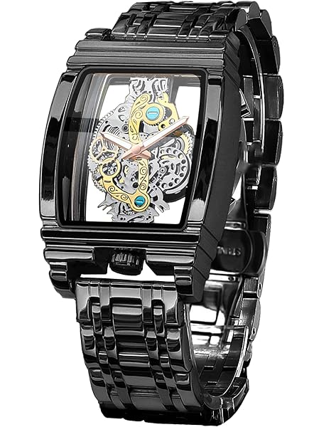 FORISNING Men's Luxury Hollow Skeleton Watch - Retro Gear Design, Large Dial, Leather & Stainless Steel Band