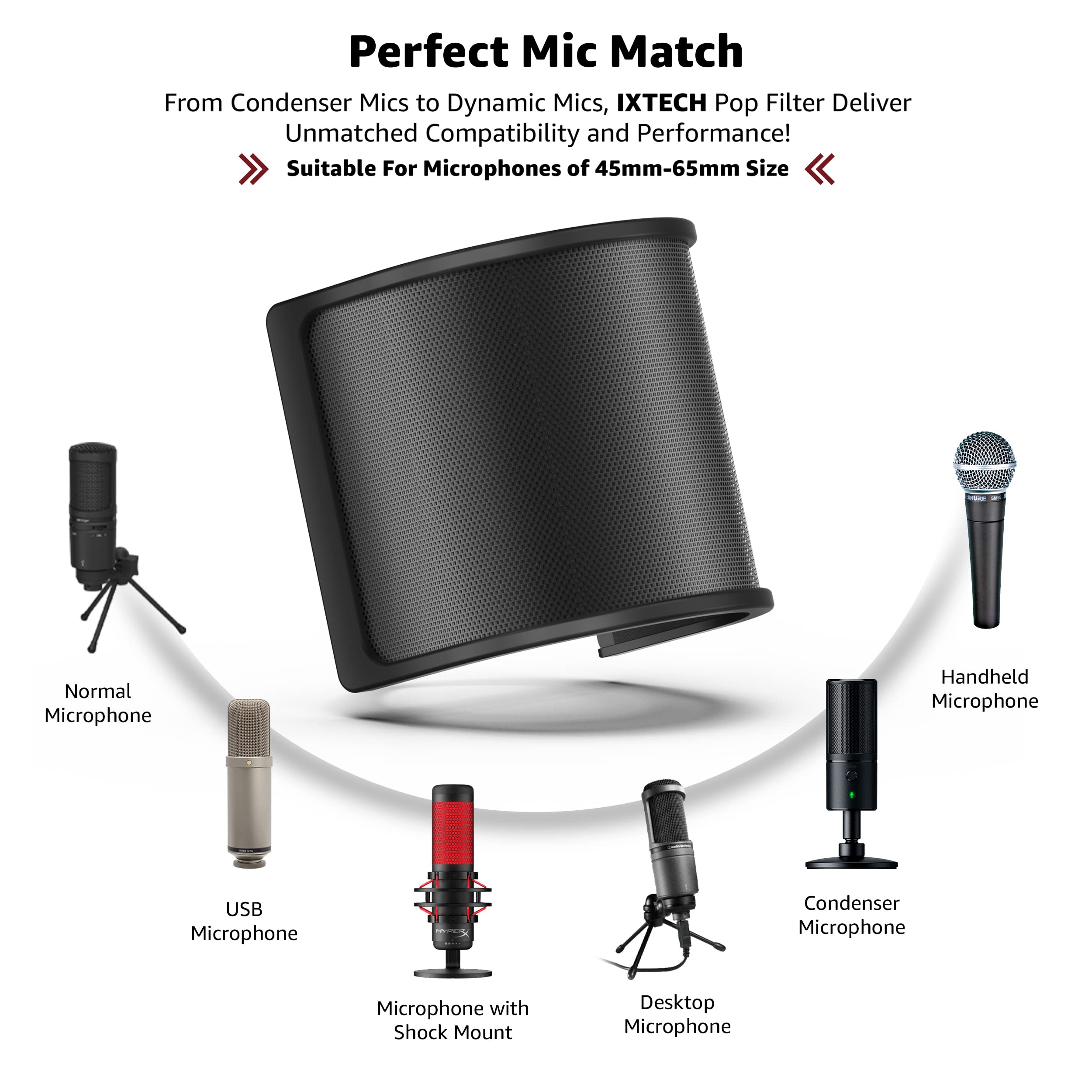 IXTECH Microphone Pop Filter, Mic Pop Screen with Metal Mesh and Foam Filter, Handheld Mic Windscreen Cover Pop Shield, Noise Shield Microphone - View 3 of 7