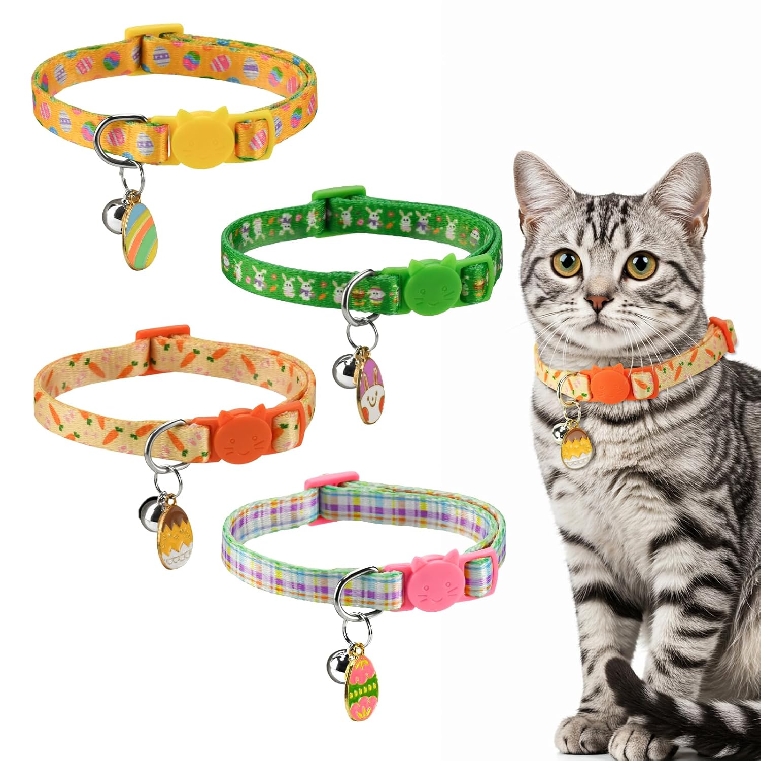 CooShou CooShou 4PCS Easter Cat Breakaway Collars with Bells and Egg Pendants Adjustable for Kittens and Small Dogs