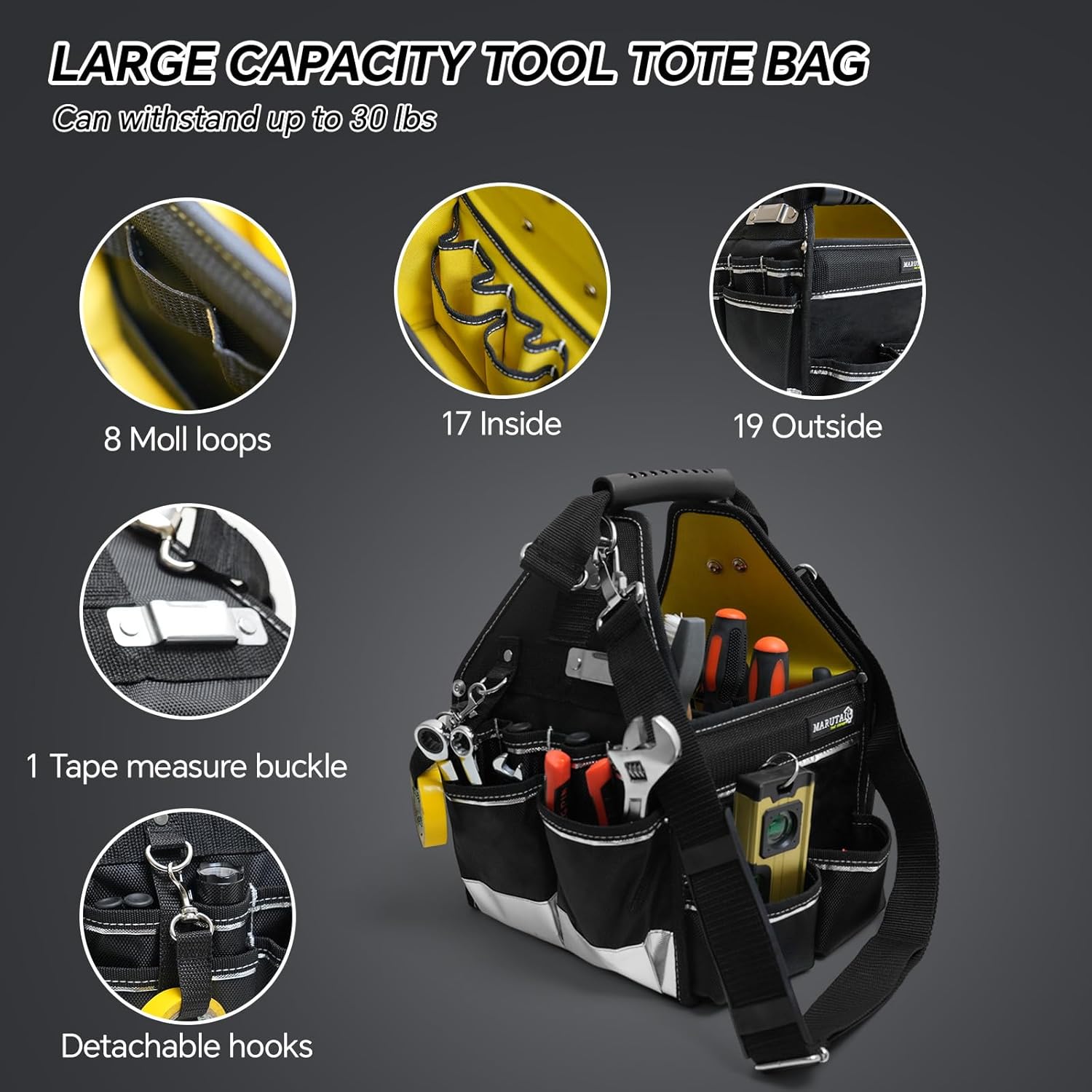 MARUTAI TOOL STORAGE Marutai 44 Pockets Tool Tote Bag Adjustable Straps Waterproof Base 10 Inch Electrician Tool Organizer for Men and Women - View 2 of 6