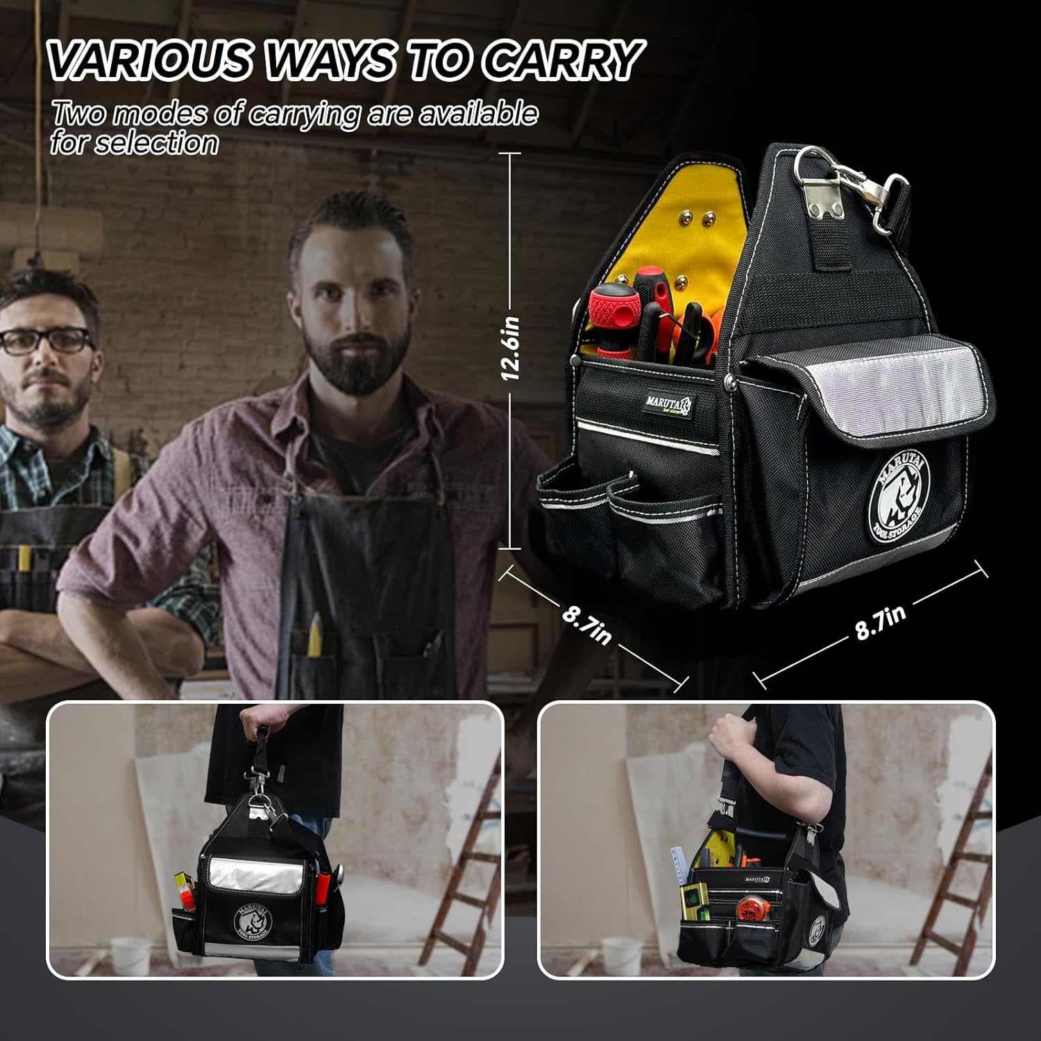 MARUTAI TOOL STORAGE Marutai 44 Pockets Tool Tote Bag Adjustable Straps Waterproof Base 10 Inch Electrician Tool Organizer for Men and Women - View 4 of 6