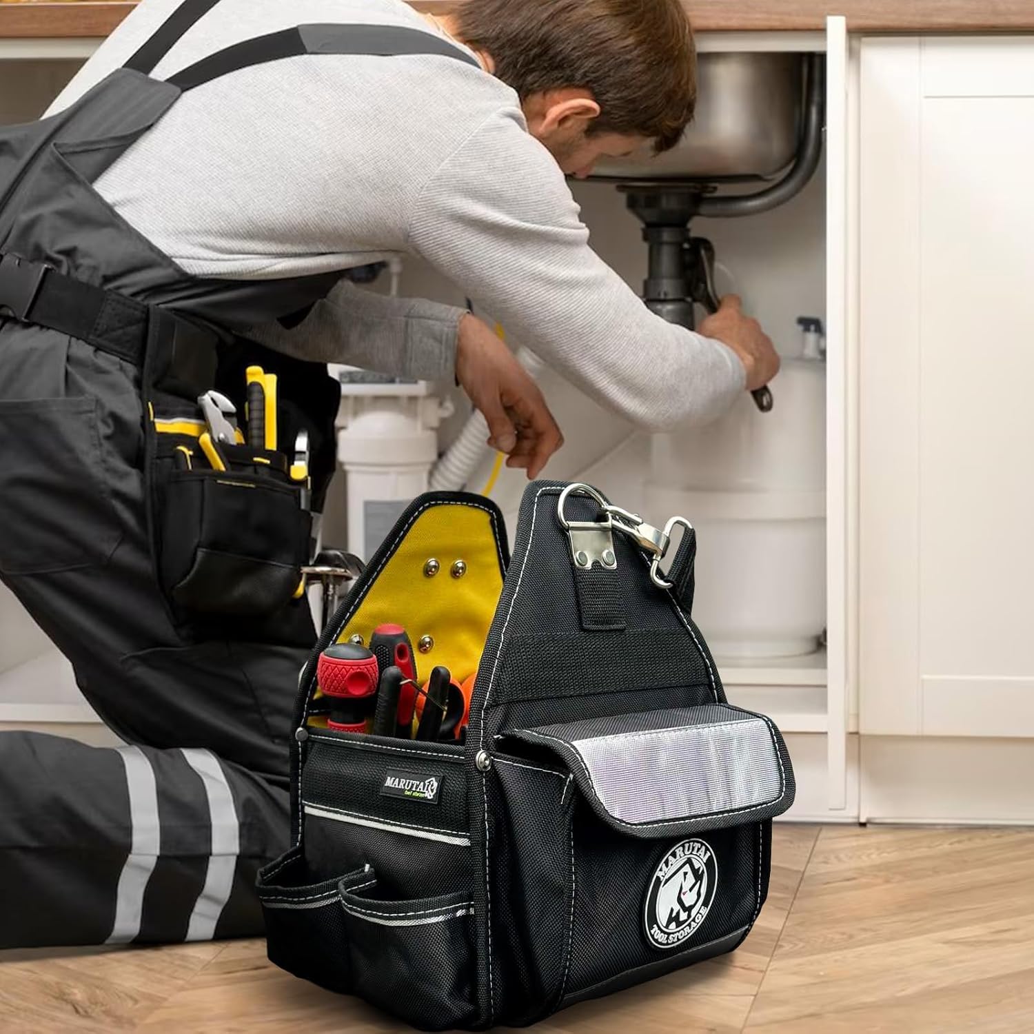 MARUTAI TOOL STORAGE Marutai 44 Pockets Tool Tote Bag Adjustable Straps Waterproof Base 10 Inch Electrician Tool Organizer for Men and Women - View 6 of 6