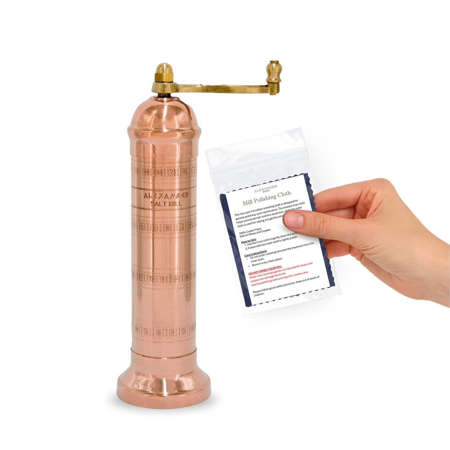 Alexander Home Alexander Home Original Greek Salt Mill 8 Inch Tall European Grinder with Crank Handle Manual Refillable Copper