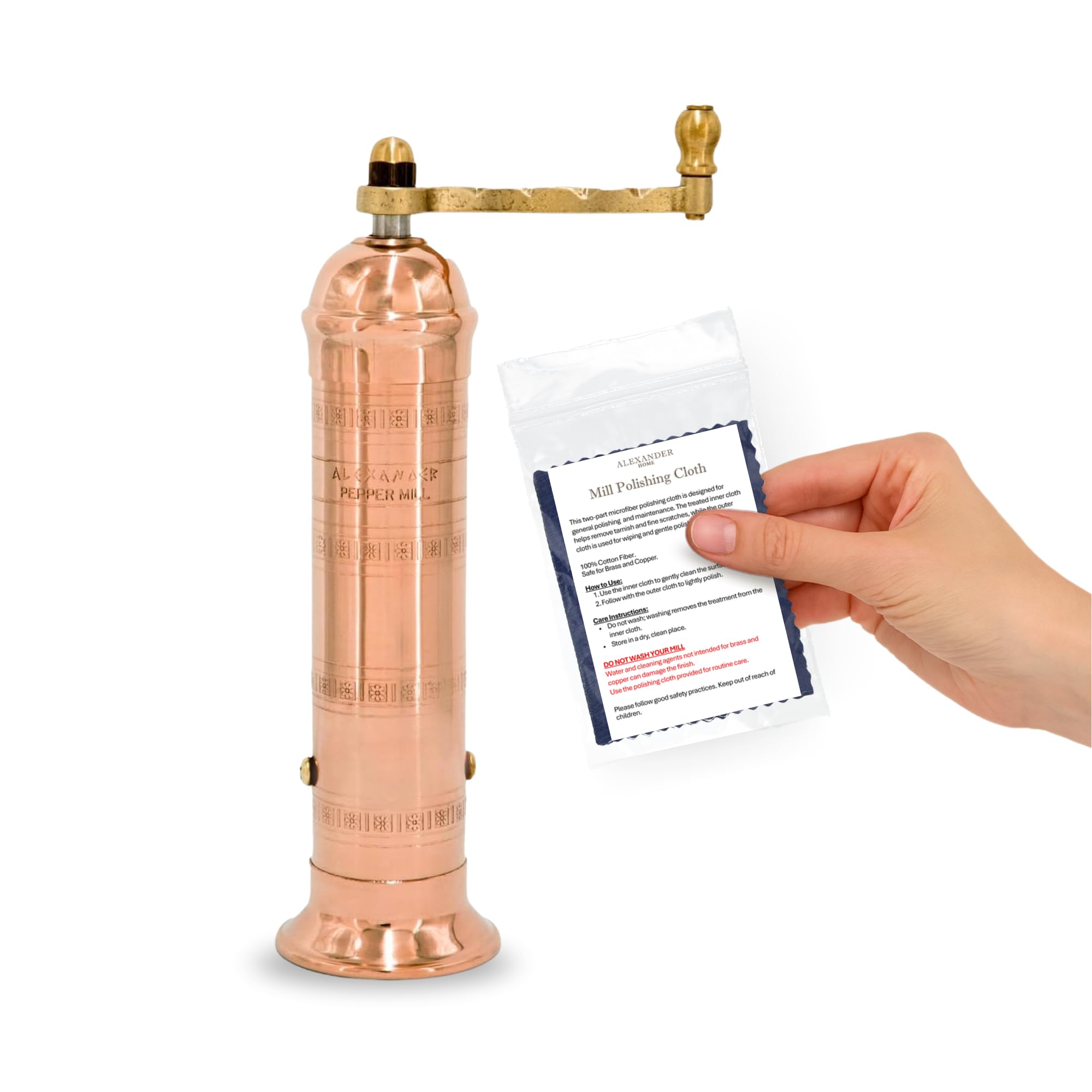 Alexander Home Alexander Home Original Greek Pepper Mill 8 Inch Tall European Grinder with Crank Handle Manual Refillable Copper