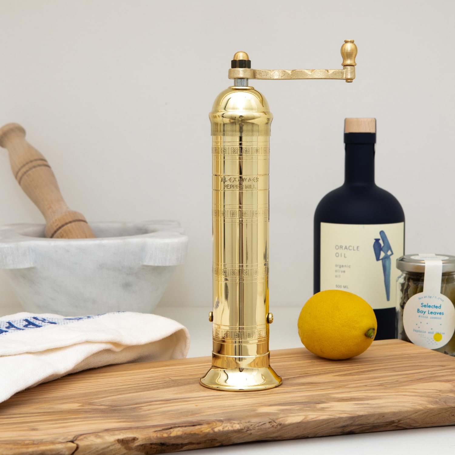 Alexander Home Alexander Home 9 Inch Greek Pepper Mill Manual Grinder with Crank Handle Refillable Brass European Design - View 2 of 8