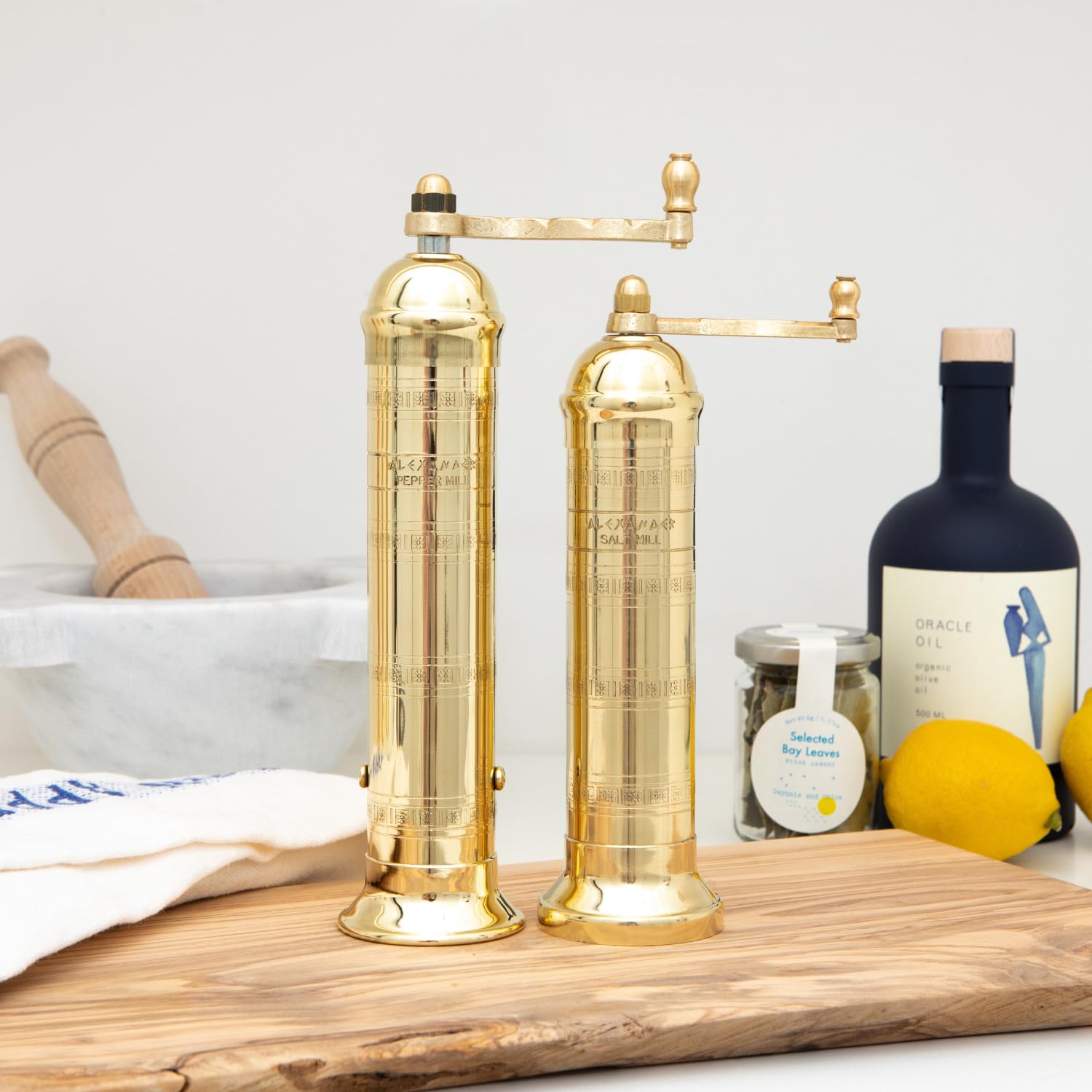 Alexander Home Alexander Home 9 Inch Greek Pepper Mill Manual Grinder with Crank Handle Refillable Brass European Design - View 6 of 8