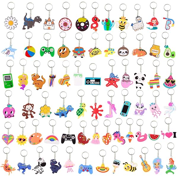 Lecinc Lecinc 70Pcs Video Game Party Favors Keychains for Kids Birthday School Party Bulk Supplies Dinosaur Donut Marine Animal Mermaid Rainbow