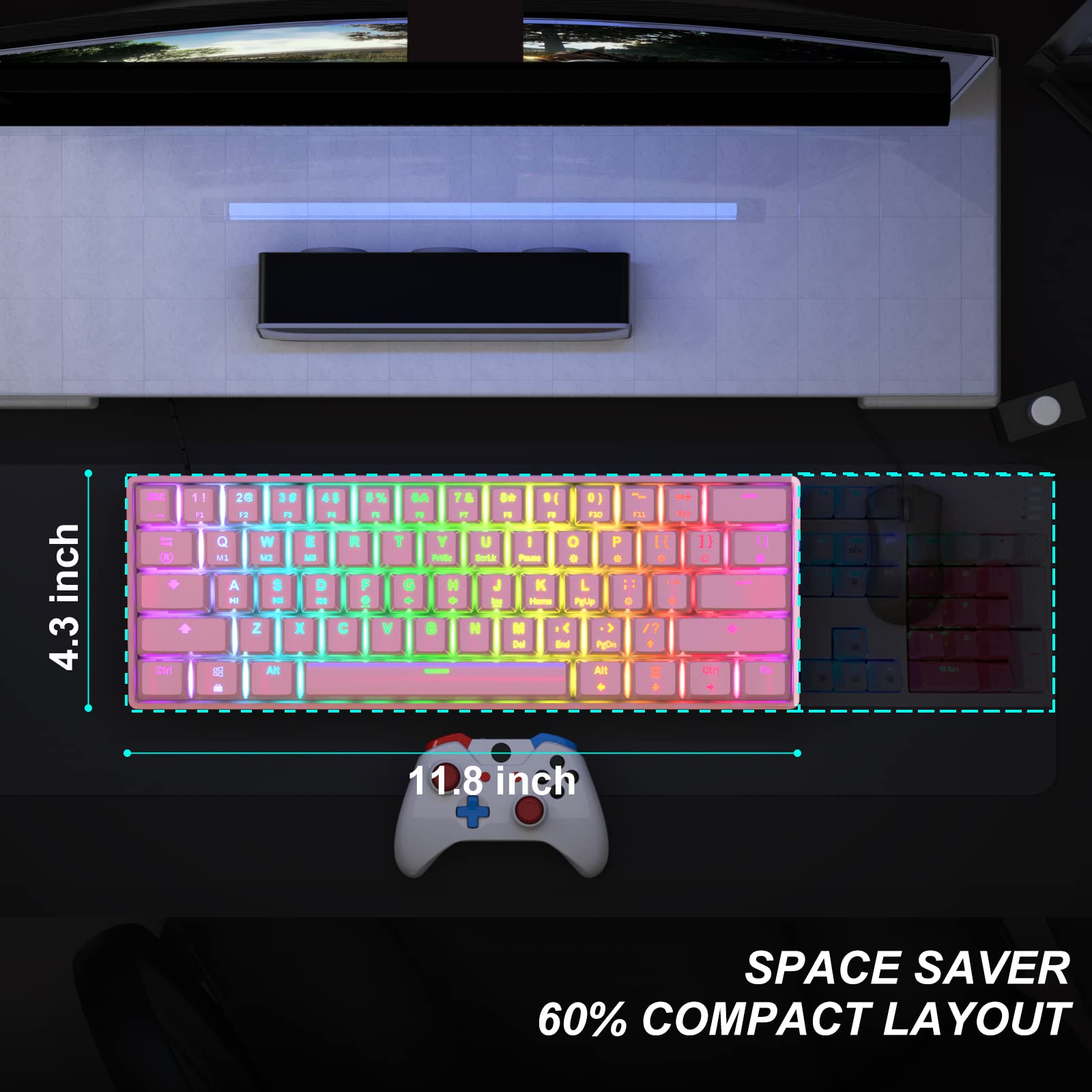 targeal 60% Mechanical Gaming Keyboard - 61 Keys Red Switch Quiet Office Computer Keyboard - Multi Color RGB Rainbow Led Backlit - Programmable for - View 3 of 8