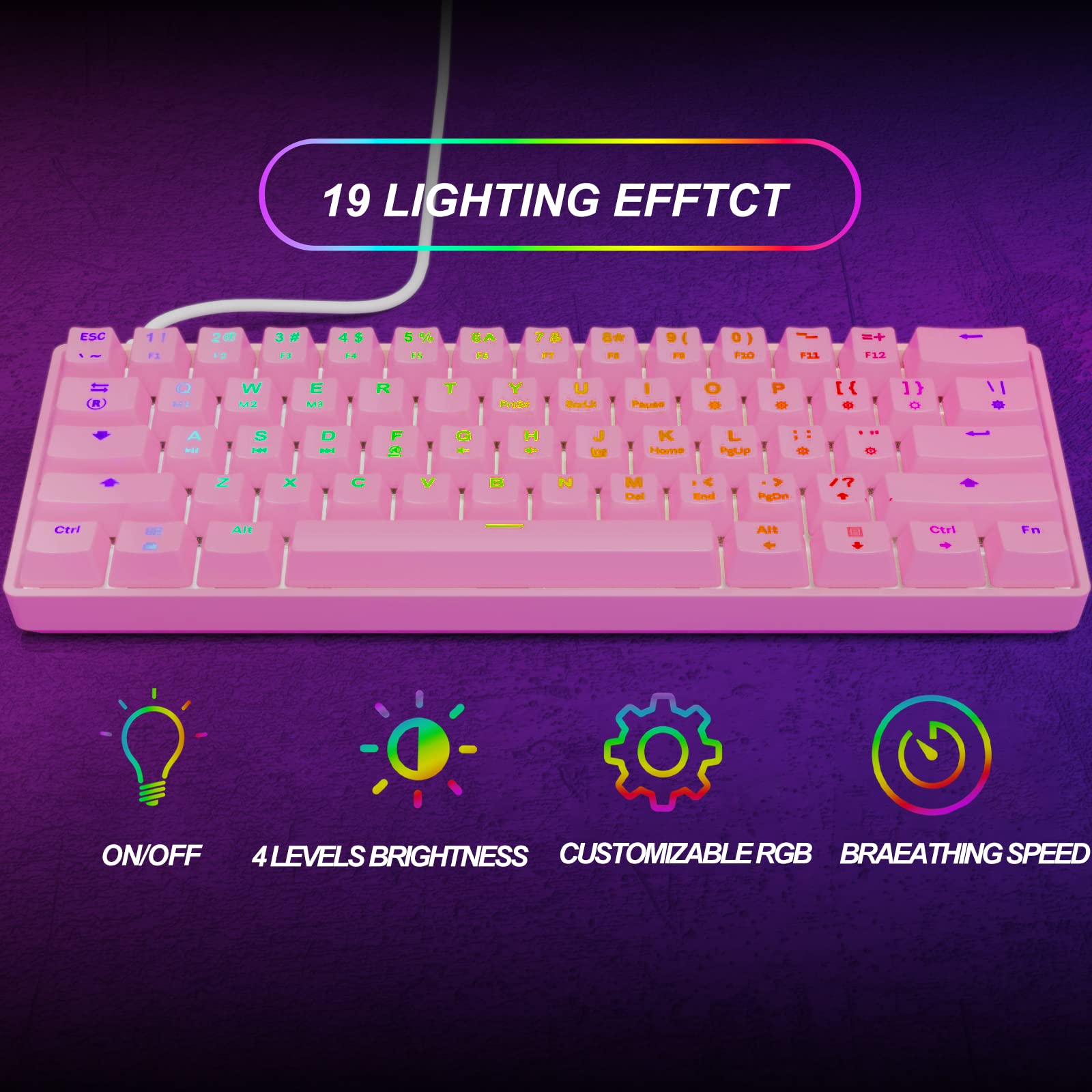 targeal 60% Mechanical Gaming Keyboard - 61 Keys Red Switch Quiet Office Computer Keyboard - Multi Color RGB Rainbow Led Backlit - Programmable for - View 5 of 8