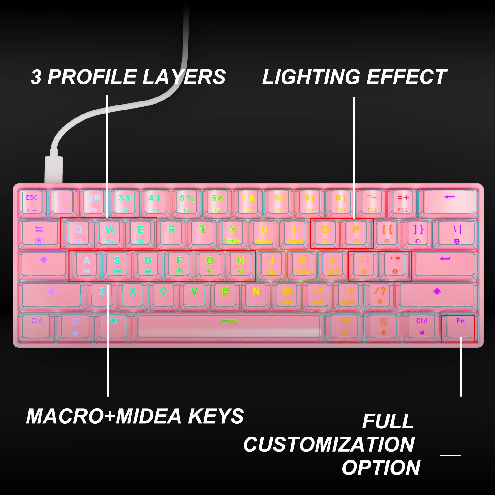 targeal 60% Mechanical Gaming Keyboard - 61 Keys Red Switch Quiet Office Computer Keyboard - Multi Color RGB Rainbow Led Backlit - Programmable for - View 6 of 8
