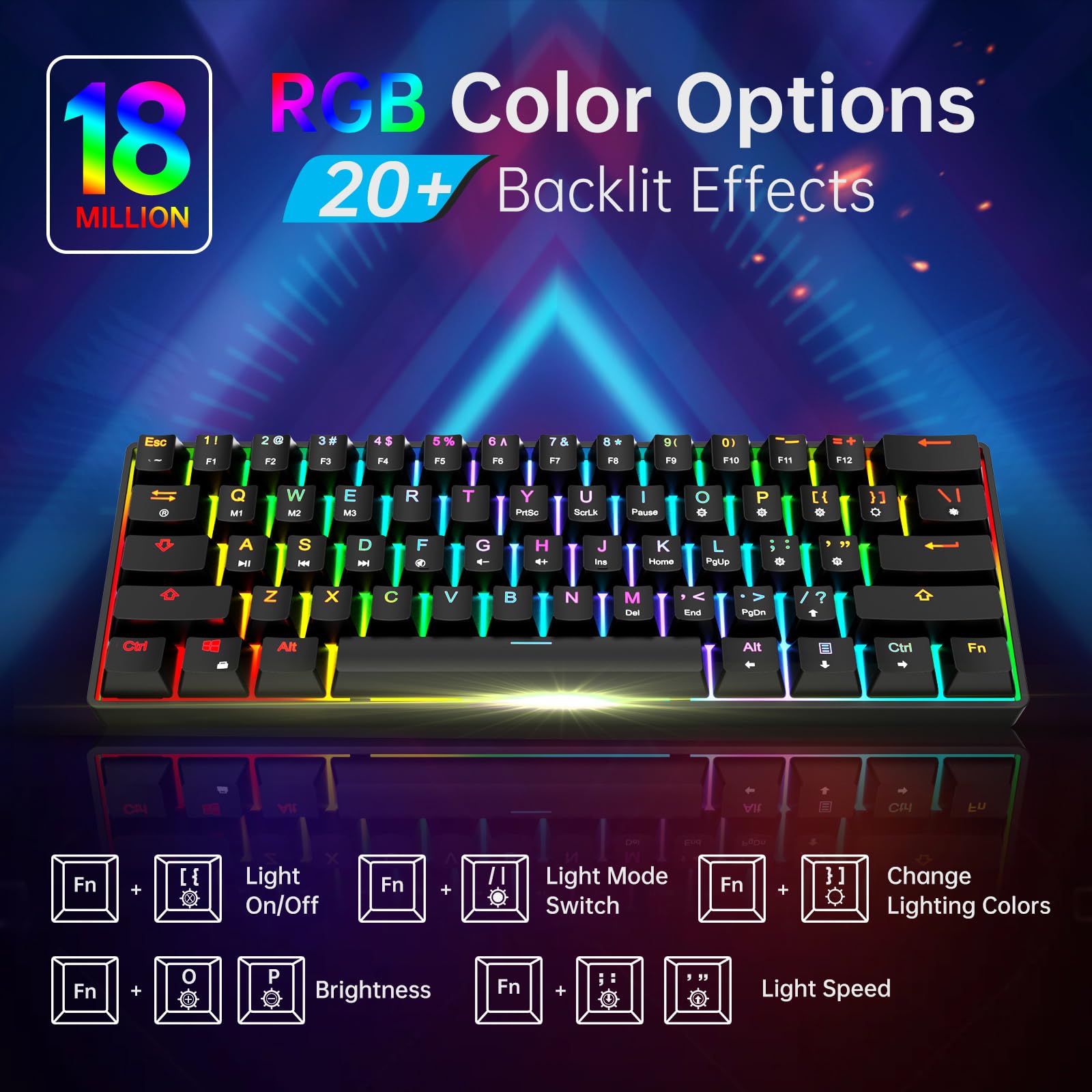 targeal 60% Mechanical Gaming Keyboard - 61 Keys Yellow Switch Quiet Office Computer Keyboard - Multi Color RGB Rainbow Led Backlit - Programmable - View 3 of 9