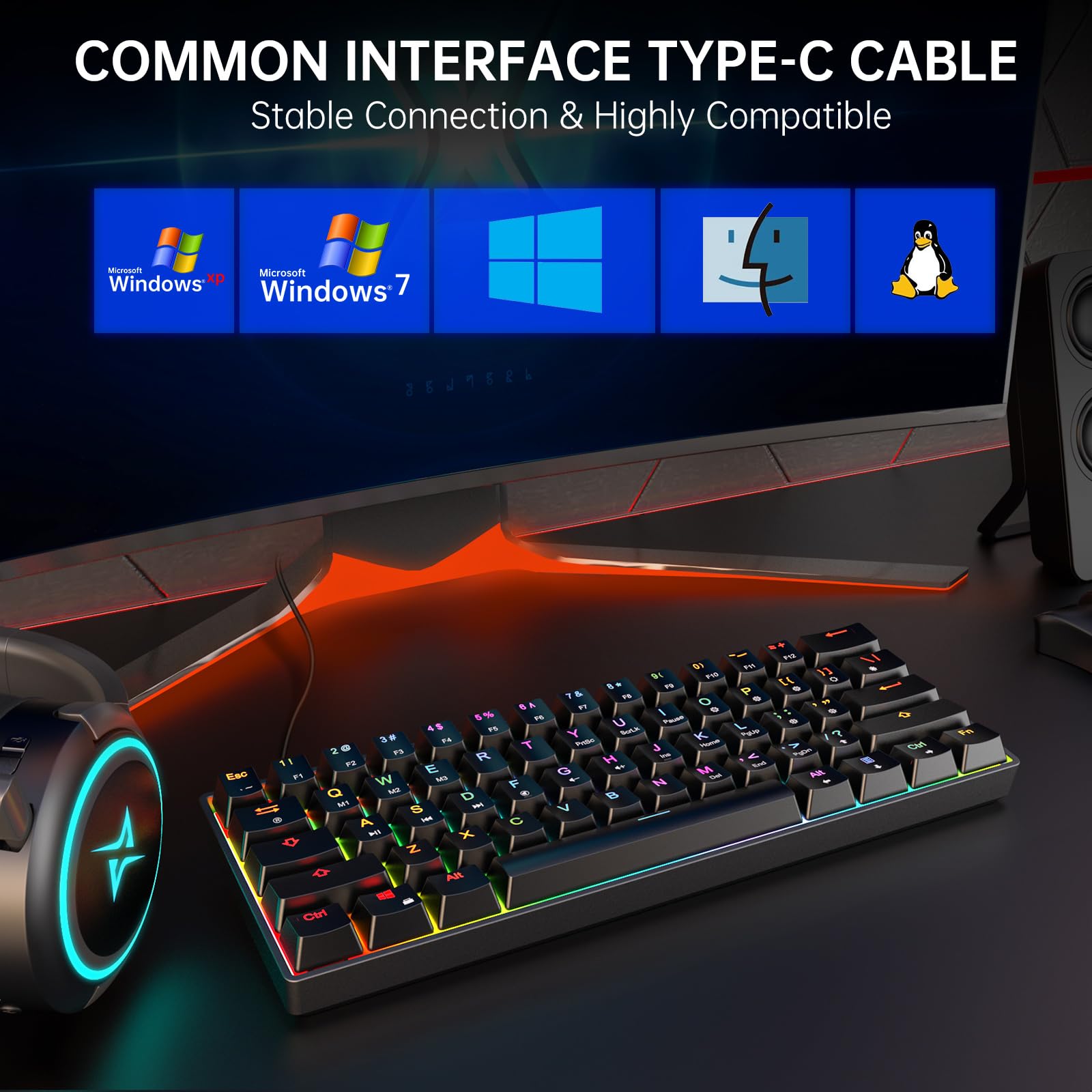 targeal 60% Mechanical Gaming Keyboard - 61 Keys Yellow Switch Quiet Office Computer Keyboard - Multi Color RGB Rainbow Led Backlit - Programmable - View 4 of 9