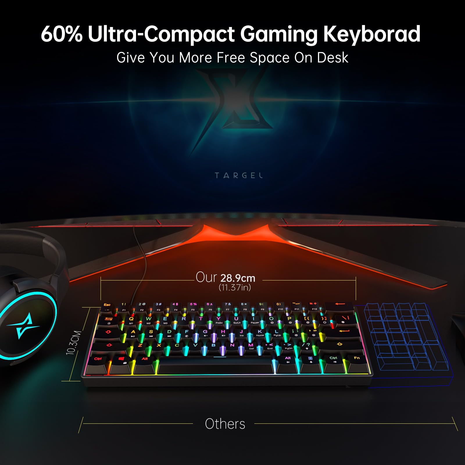 targeal 60% Mechanical Gaming Keyboard - 61 Keys Yellow Switch Quiet Office Computer Keyboard - Multi Color RGB Rainbow Led Backlit - Programmable - View 5 of 9