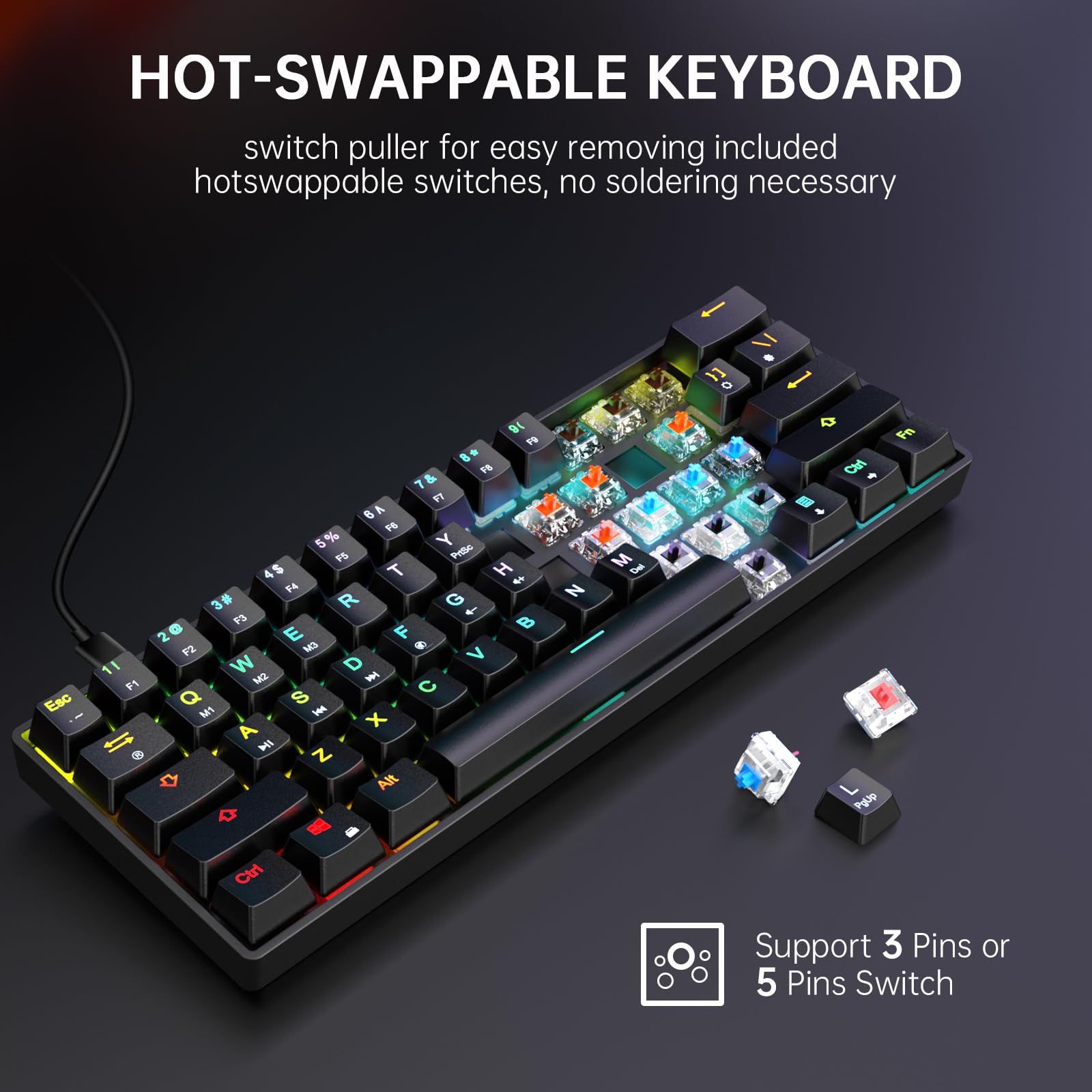 targeal 60% Mechanical Gaming Keyboard - 61 Keys Yellow Switch Quiet Office Computer Keyboard - Multi Color RGB Rainbow Led Backlit - Programmable - View 6 of 9