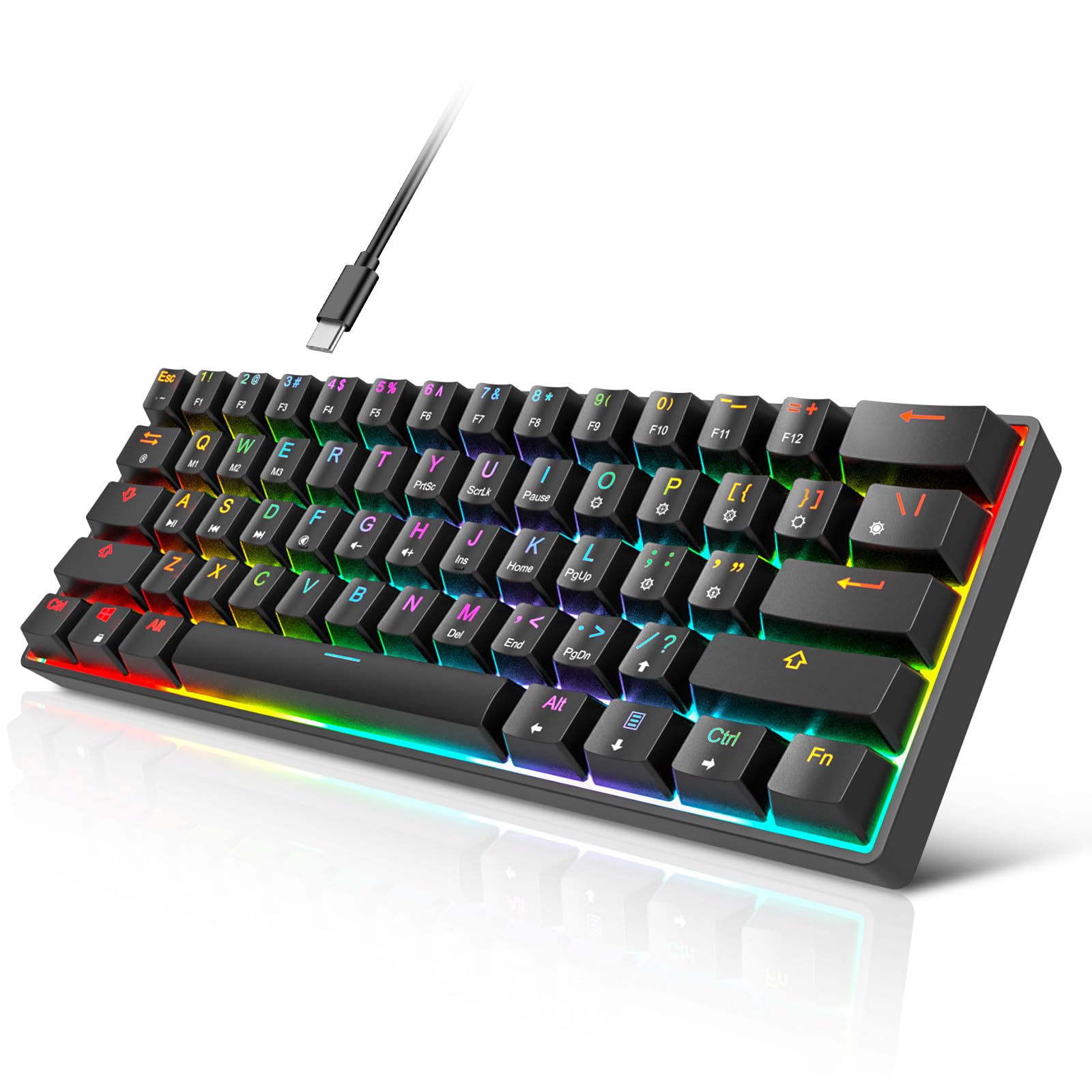 targeal 60% Mechanical Gaming Keyboard - 61 Keys Yellow Switch Quiet Office Computer Keyboard - Multi Color RGB Rainbow Led Backlit - Programmable