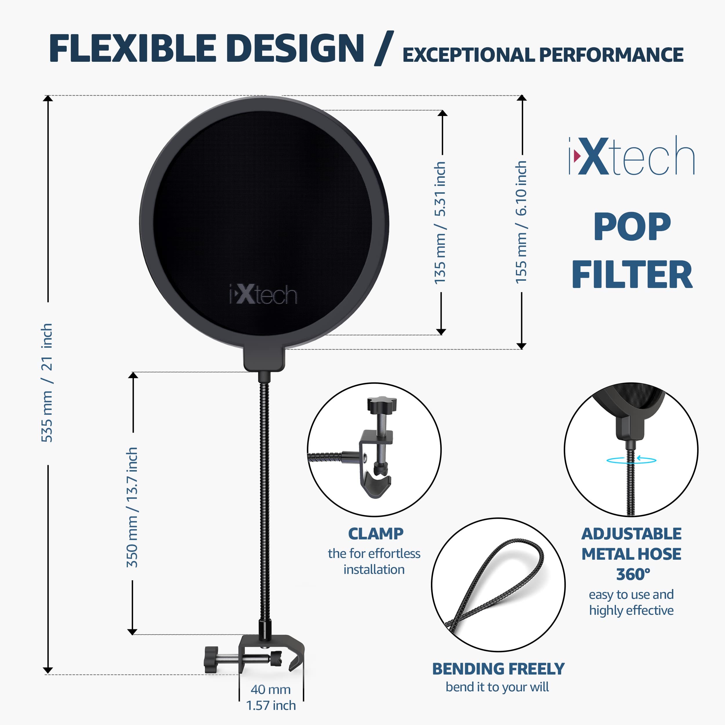 IXTECH Pop Filter for Mic Pop Filter for Blue Yeti Microphone Pop Filter Mic Pop Filter Dual Layered Sound Shield Guard Windscreen with a Flexible - View 2 of 7