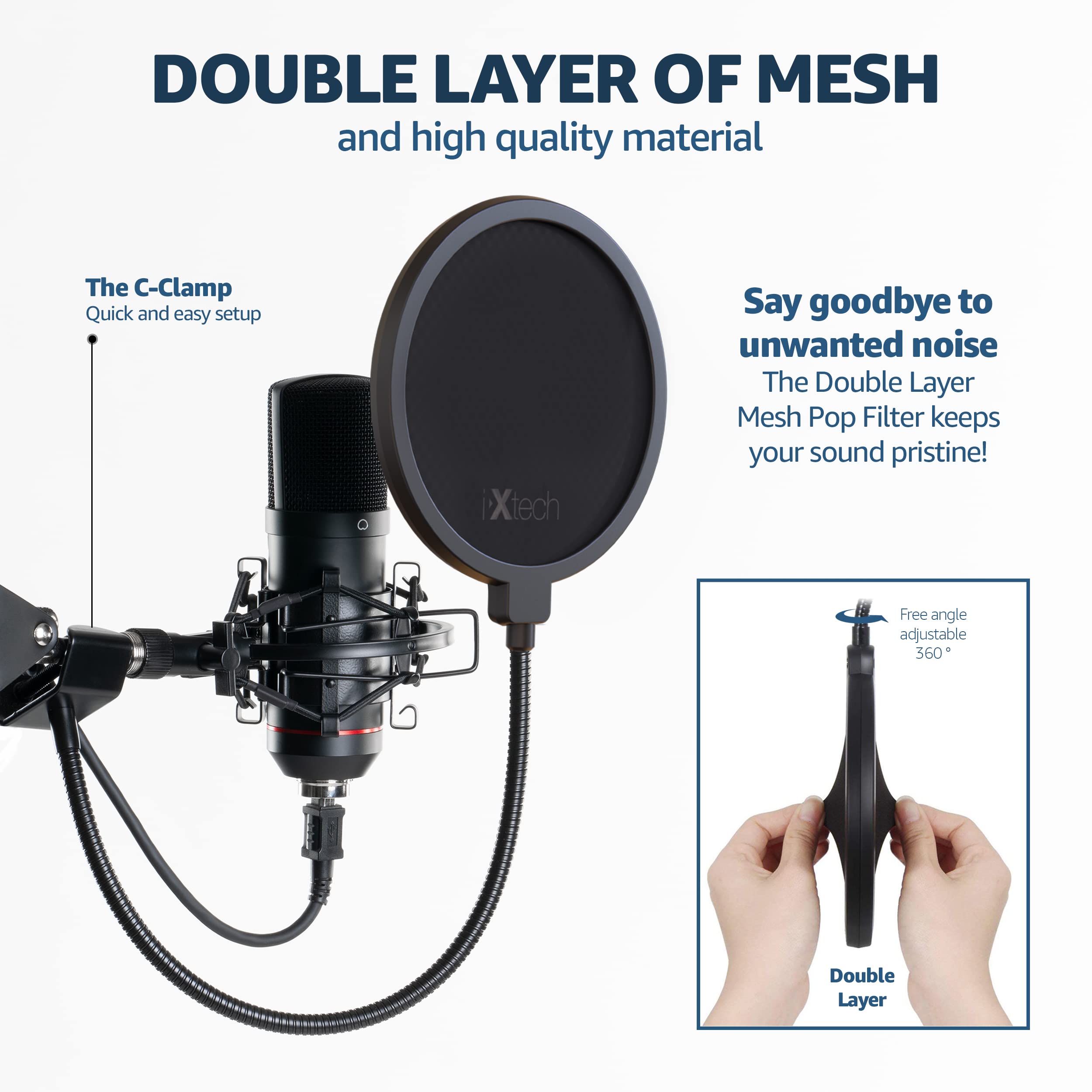 IXTECH Pop Filter for Mic Pop Filter for Blue Yeti Microphone Pop Filter Mic Pop Filter Dual Layered Sound Shield Guard Windscreen with a Flexible - View 3 of 7