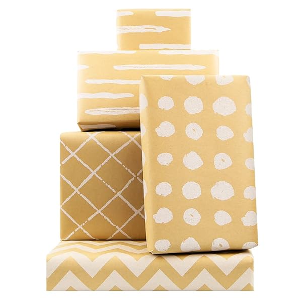 Boerni Brown Recyclable Kraft Gift Wrapping Paper 4 Rolls 17 Inch X10 Feet Stripe Dots Waves Pattern Eco Friendly for Holidays Weddings Birthdays