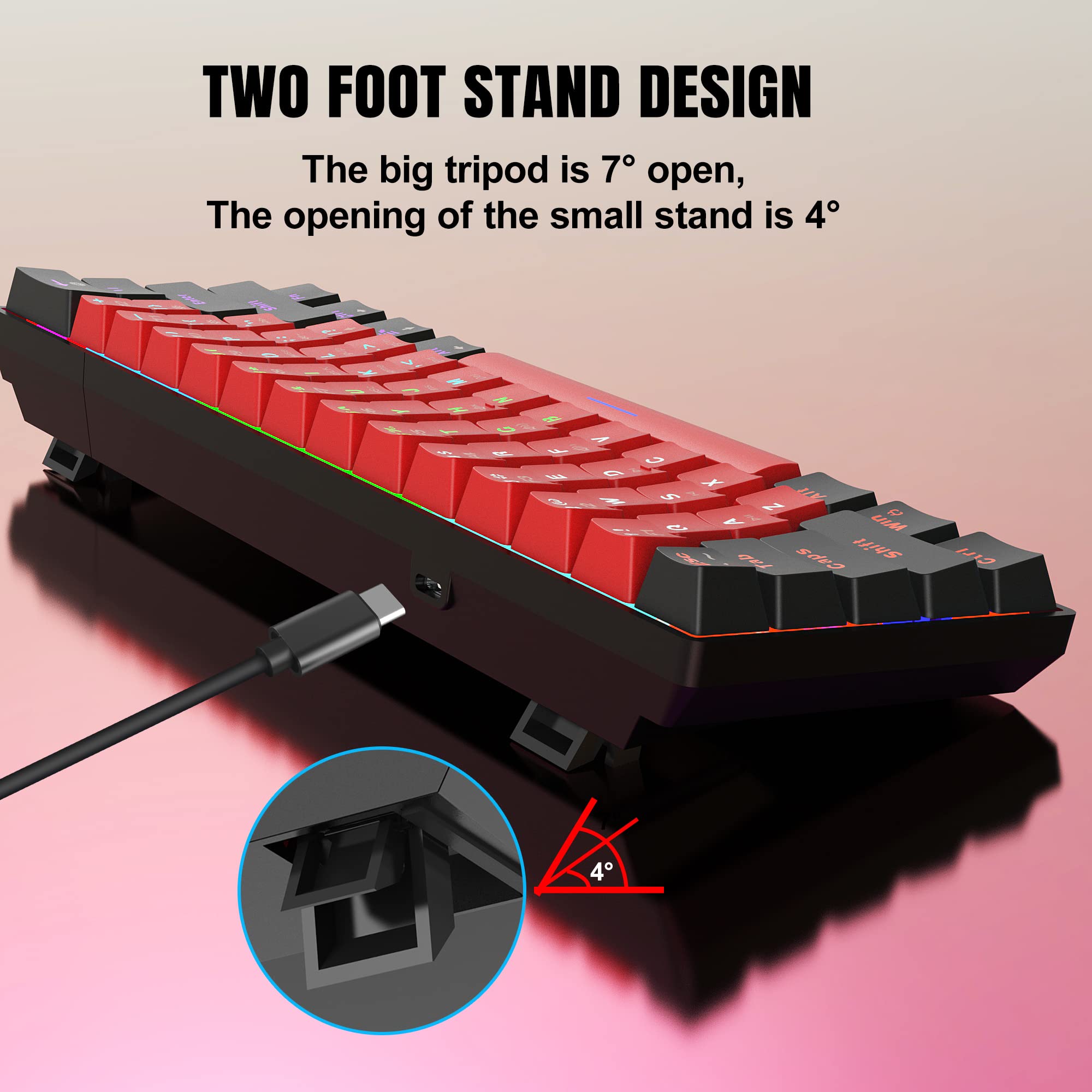 Snpurdiri 60% Wired Mechanical Gaming Keyboard, LED Backlit 60 Percent Gaming Keyboard for Windows Laptop PC Mac (Black-Red, Blue Switches) - View 2 of 7