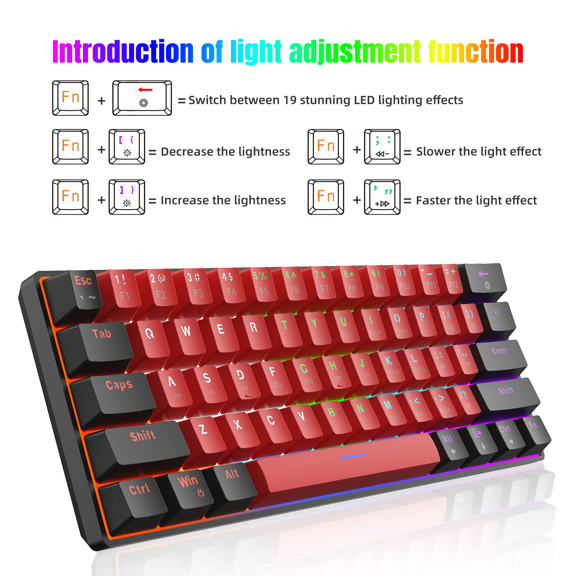 Snpurdiri 60% Wired Mechanical Gaming Keyboard, LED Backlit 60 Percent Gaming Keyboard for Windows Laptop PC Mac (Black-Red, Blue Switches) - View 4 of 7