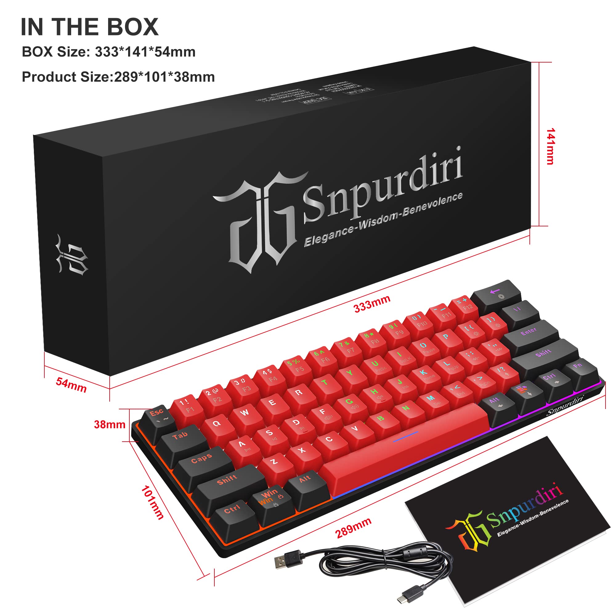 Snpurdiri 60% Wired Mechanical Gaming Keyboard, LED Backlit 60 Percent Gaming Keyboard for Windows Laptop PC Mac (Black-Red, Blue Switches) - View 6 of 7