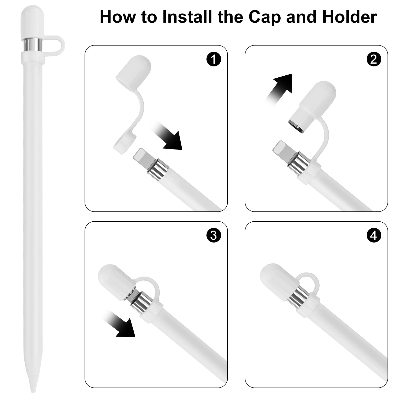 APETOO Magnetic Replacement Cap for Apple Pencil 1st Gen, 4-Pack with Anti-Lost Silicone Holder for iPad Pro 10 9 8 7 6, White - View 7 of 7