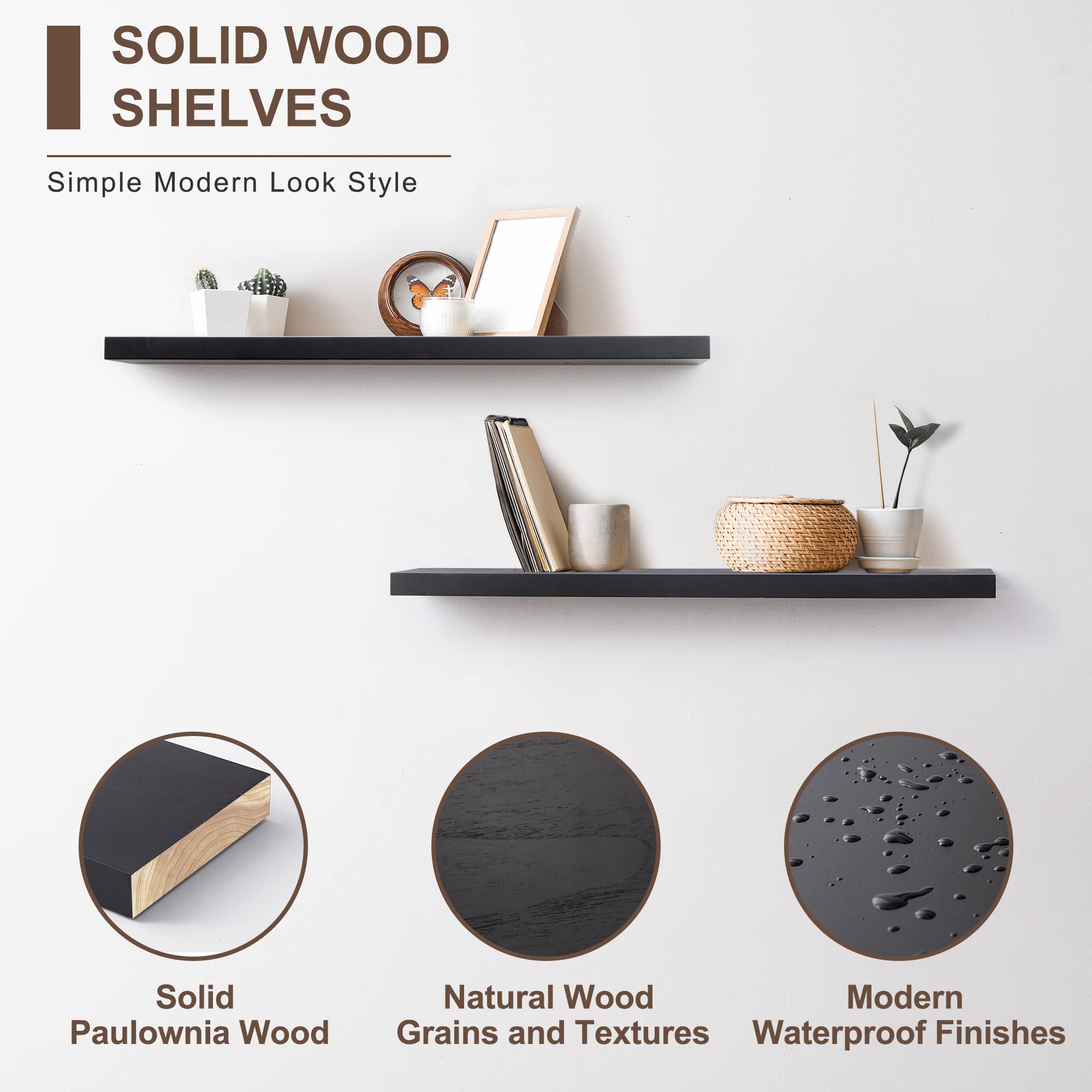 fuqing Fuqing 36 Inch Black Floating Shelves Set of 2 Solid Lightweight Wood Wall Shelves for Bedroom Kitchen Living Room Storage Display - View 2 of 5