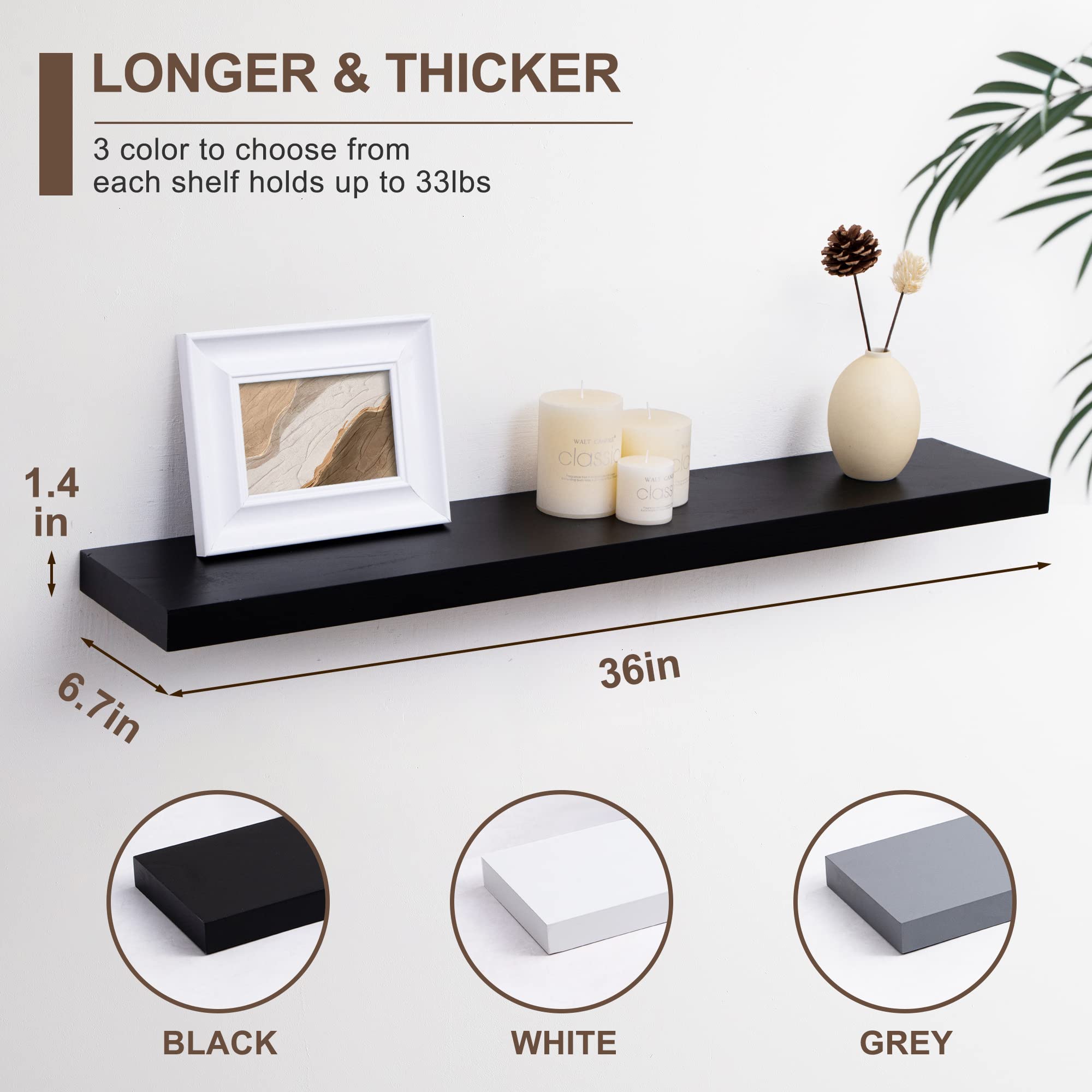 fuqing Fuqing 36 Inch Black Floating Shelves Set of 2 Solid Lightweight Wood Wall Shelves for Bedroom Kitchen Living Room Storage Display - View 3 of 5