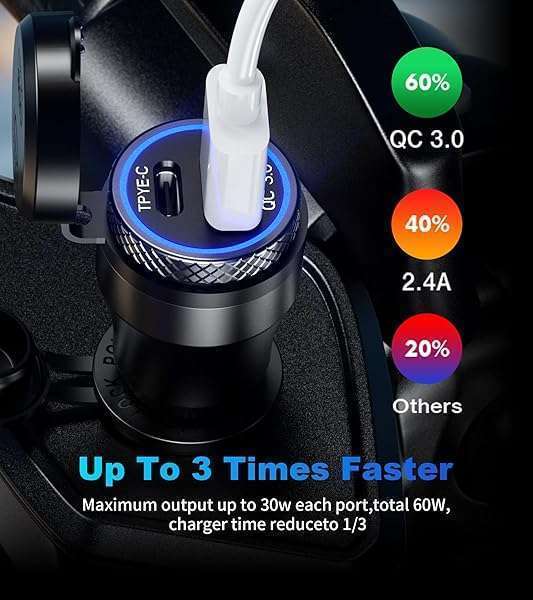 Kewig Kewig Aluminum DIN Hella Plug to Dual QC3.0 USB &amp; Type-C Quick Charger Waterproof Adapter for 12V-24V BMW Ducati Triumph Motorcycle Hella DIN Socket (Black with Blue Light) - View 4 of 9