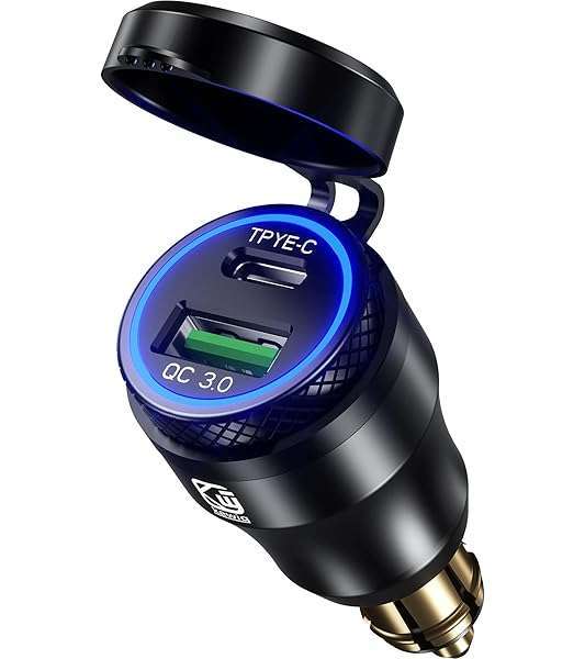 Kewig Kewig Aluminum DIN Hella Plug to Dual QC3.0 USB &amp; Type-C Quick Charger Waterproof Adapter for 12V-24V BMW Ducati Triumph Motorcycle Hella DIN Socket (Black with Blue Light)